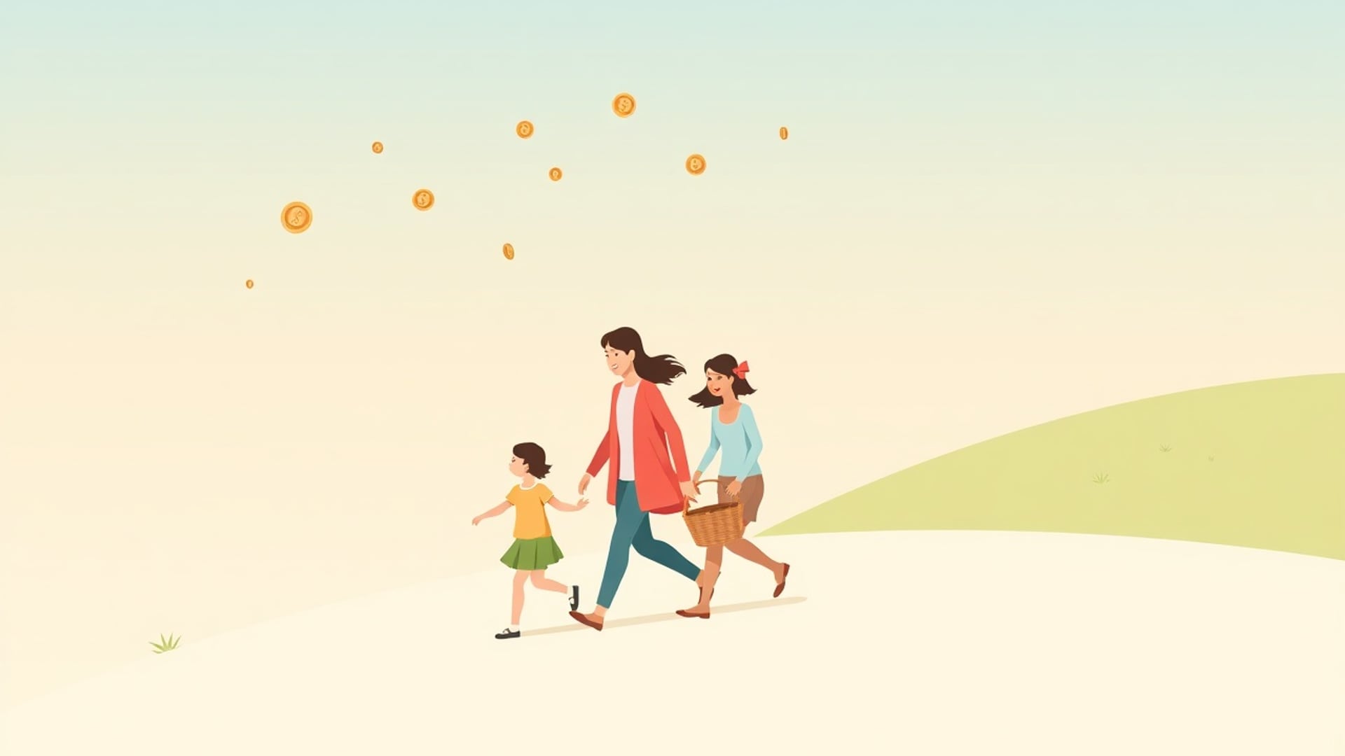 Illustration of a family of four walking up a gentle hill while small coins drift away on the wind from a basket they carry