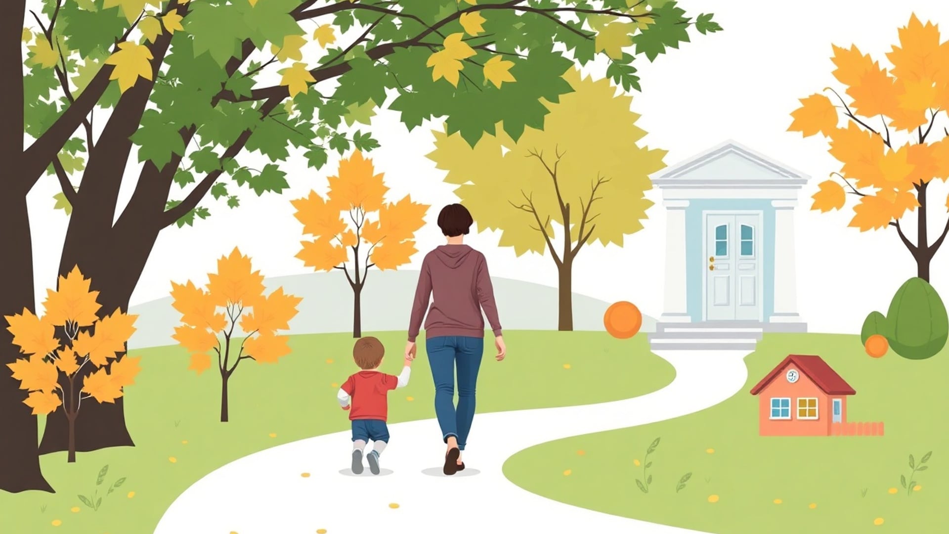 Illustration of a parent walking a toddler along a leafy path toward a pale blue daycare door
