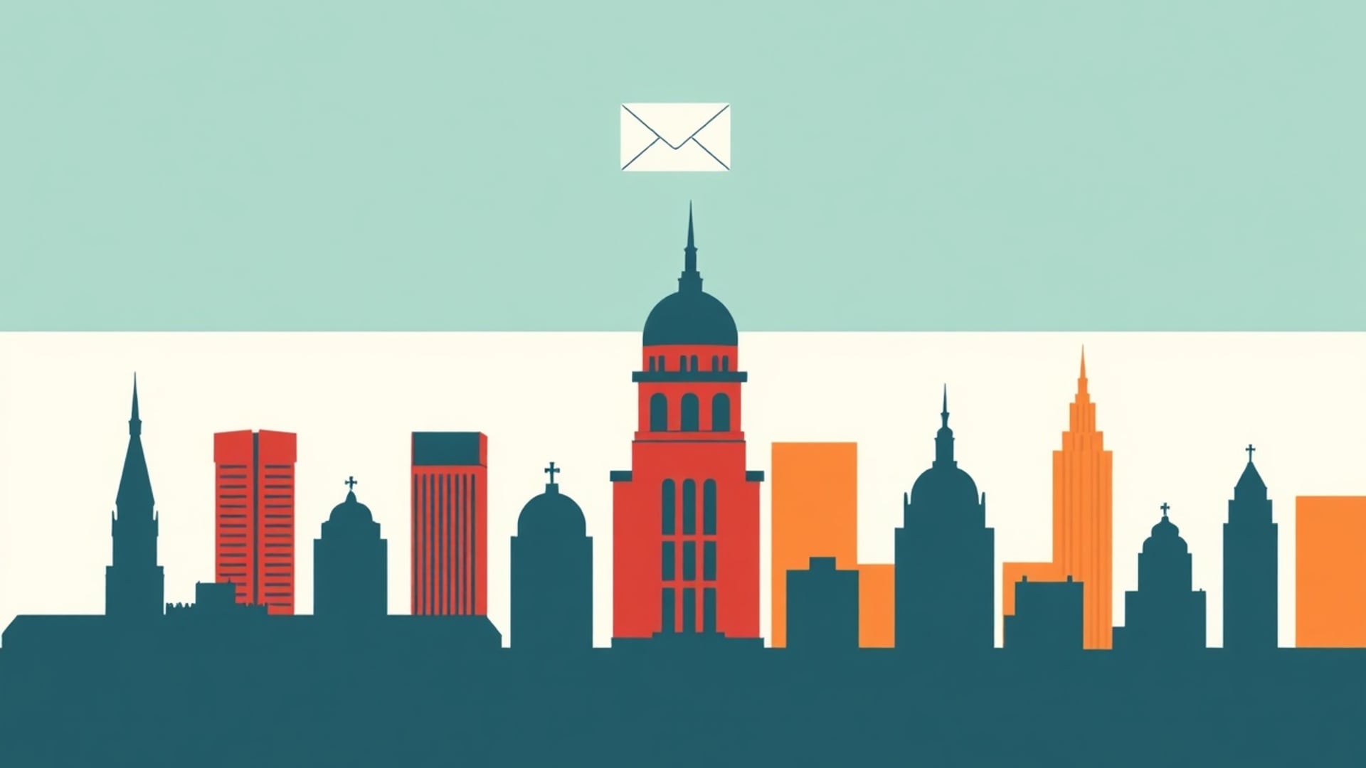 Illustration of a row of city skyline silhouettes, each with a small envelope floating above it