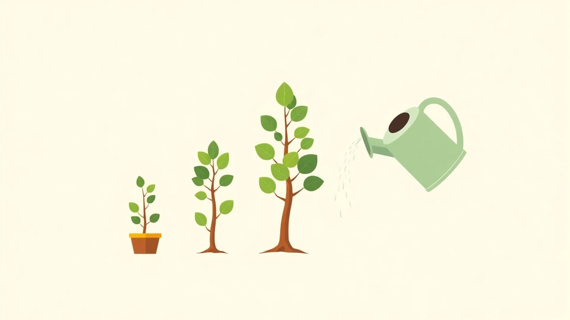 Illustration of a young tree growing from a small pot into a tall full tree across four stages