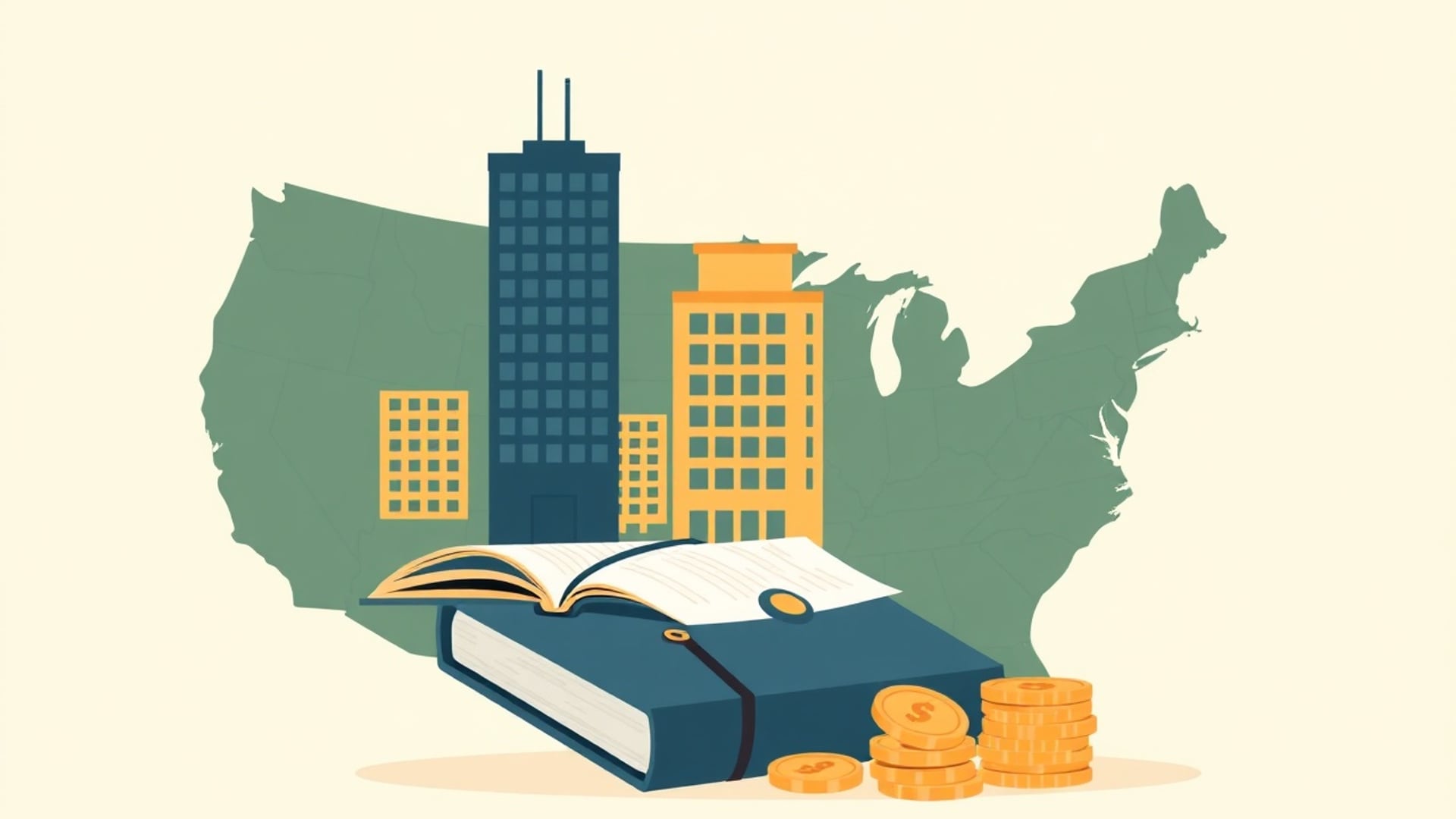 Illustration of office towers, an open ledger book and stacks of coins over a map of the United States