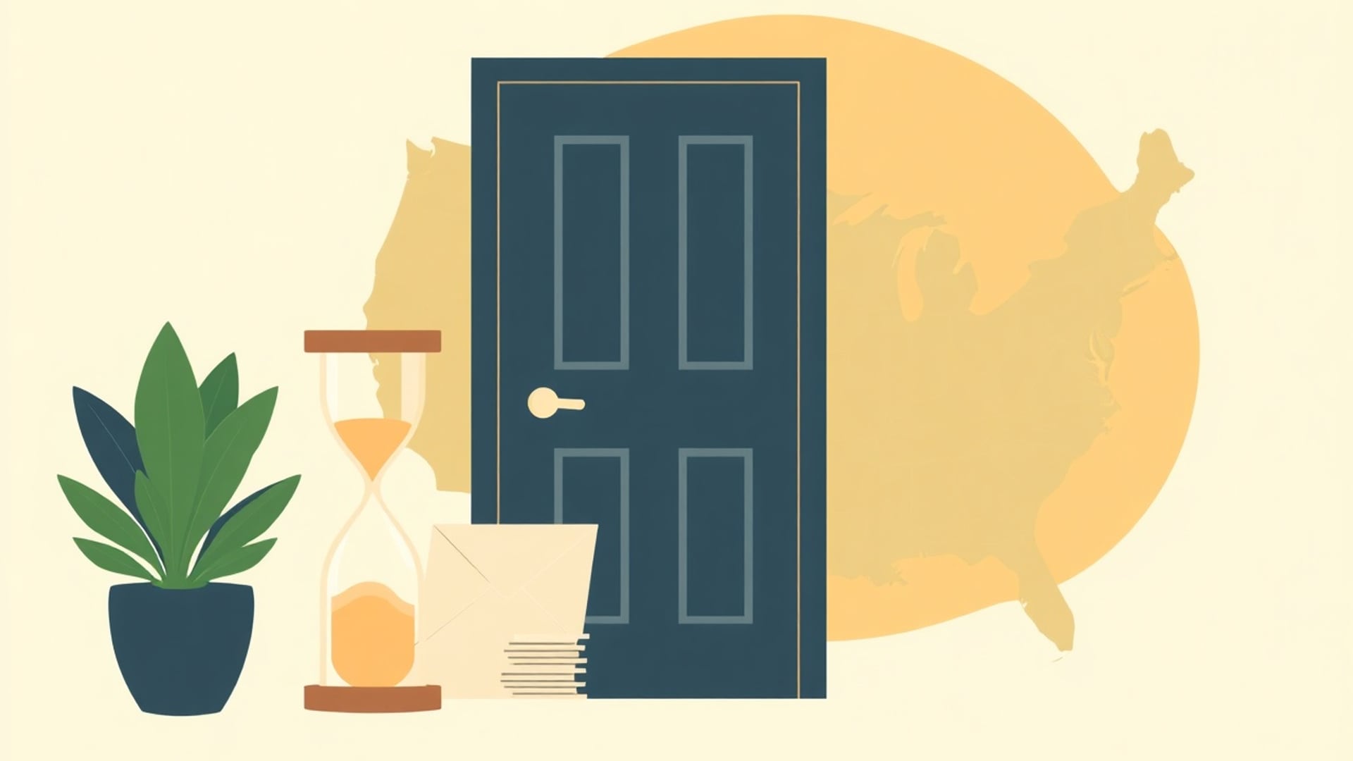 Illustration of a front door beside an hourglass, a potted plant and a stack of envelopes over a map of the United States