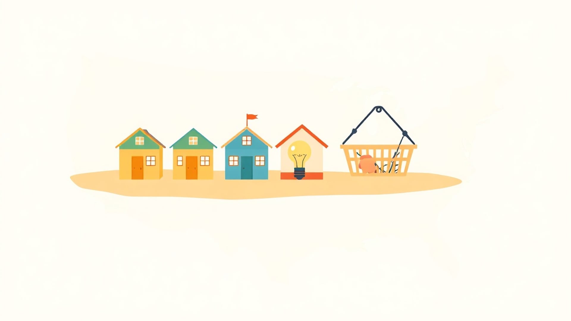 Illustration of a row of small houses, a grocery basket and a light bulb arranged across a stylised map of the United States
