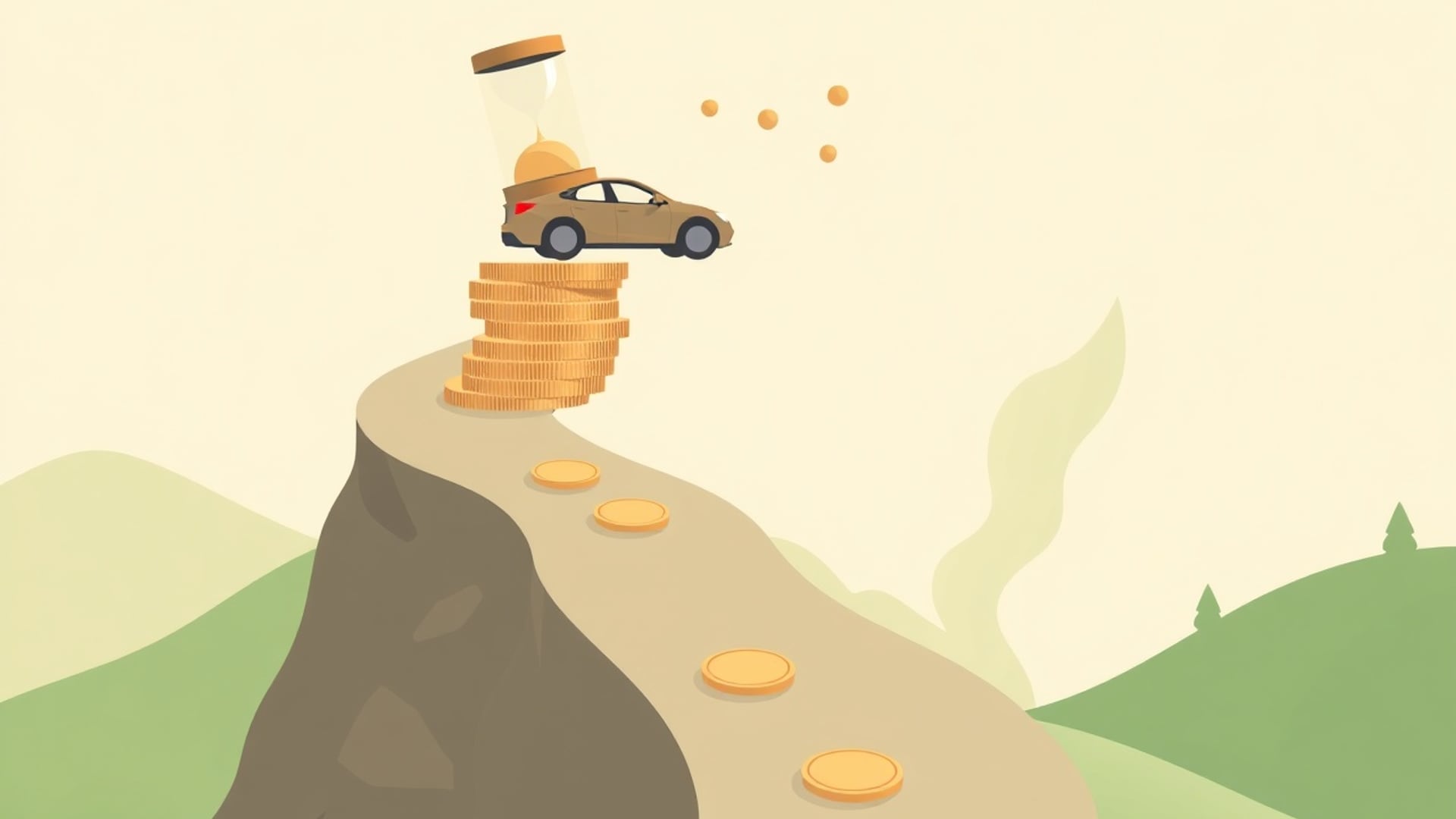 Illustration of a small car on a stack of coins at the end of a winding road lined with coins