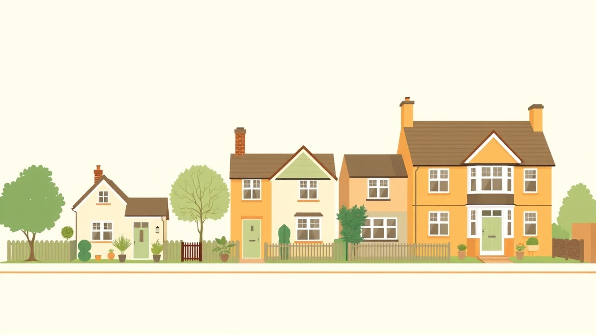 Illustration of a row of houses of rising size along a quiet English street