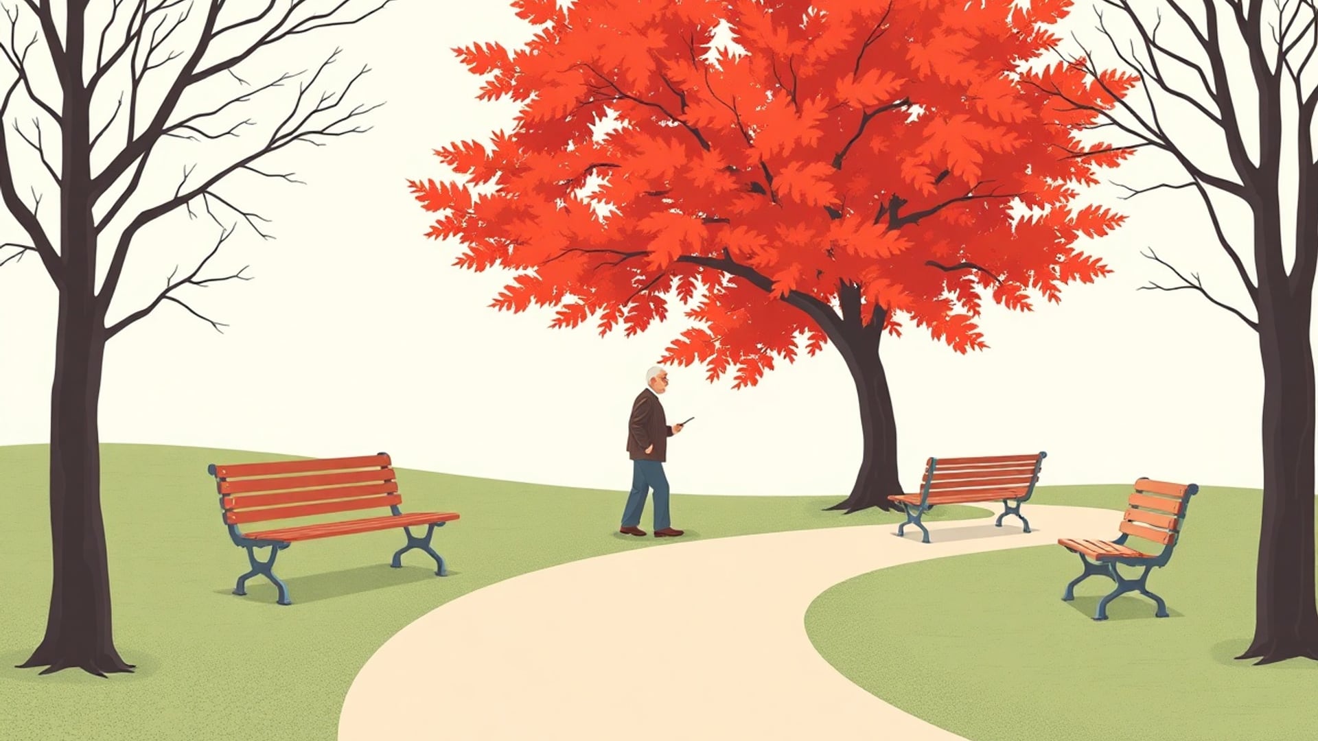 Illustration of three park benches along a winding path at different points, an older figure deciding where to sit