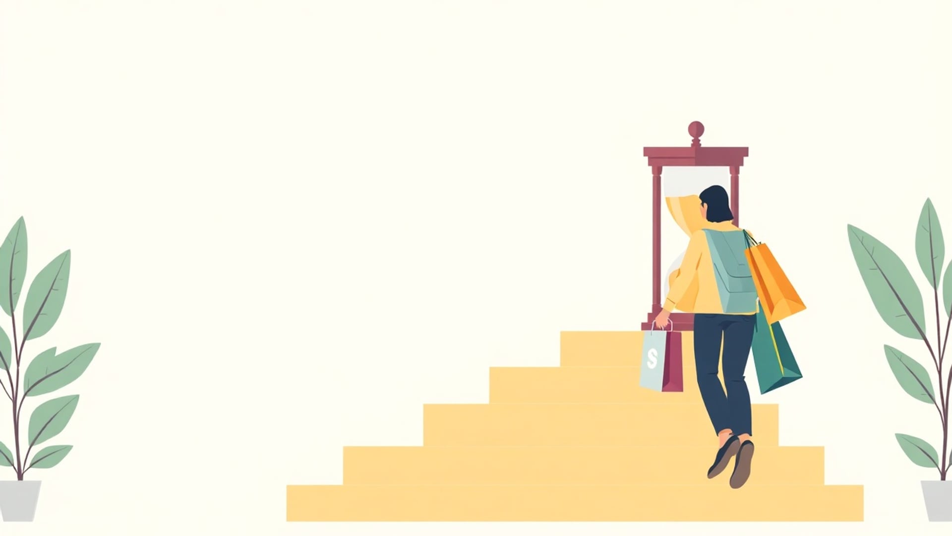 Illustration of a person carrying shopping bags walking up a gentle staircase toward an hourglass at the top