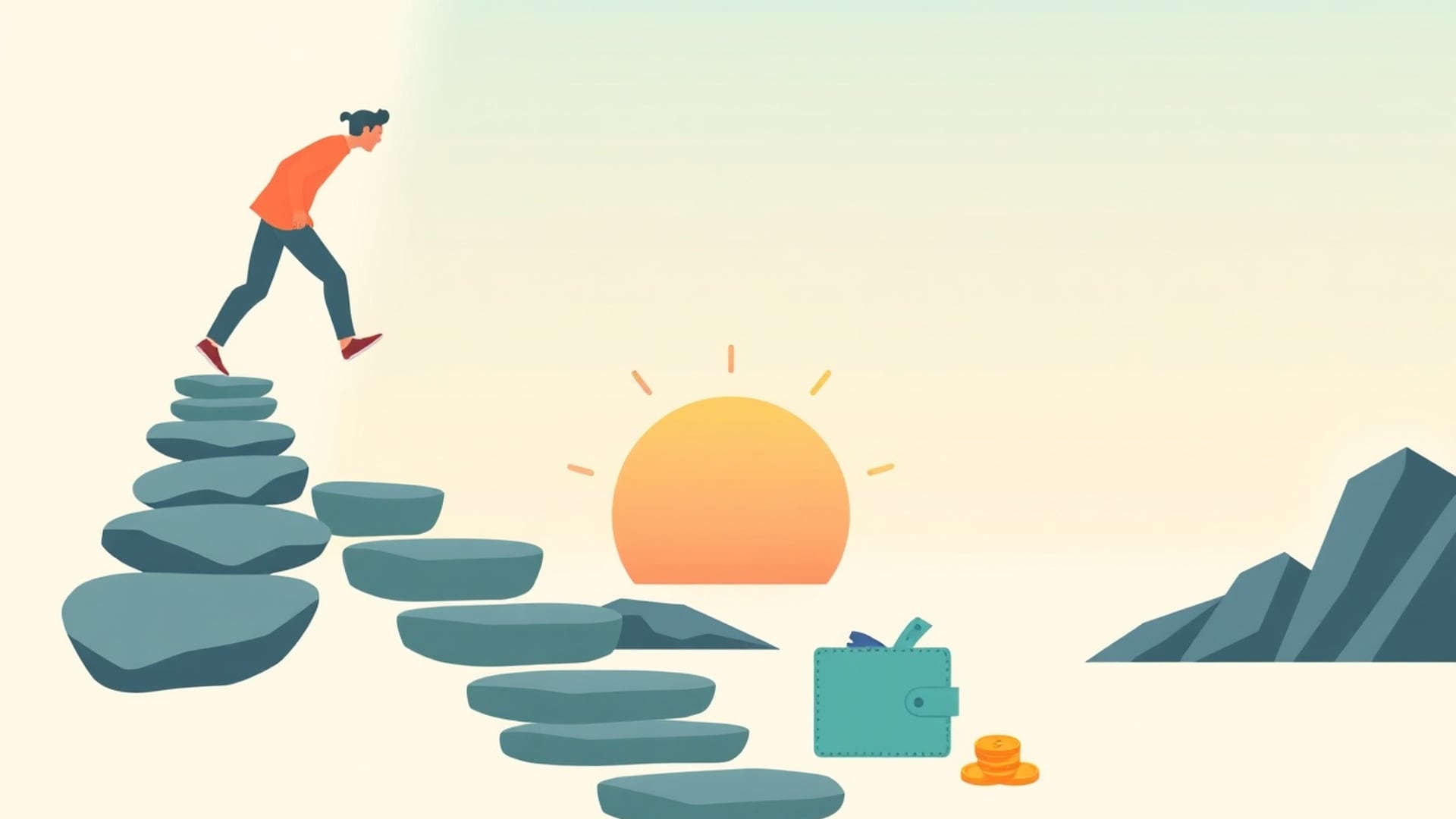 Illustration of a person climbing a gentle staircase of stacked stones toward a sunrise