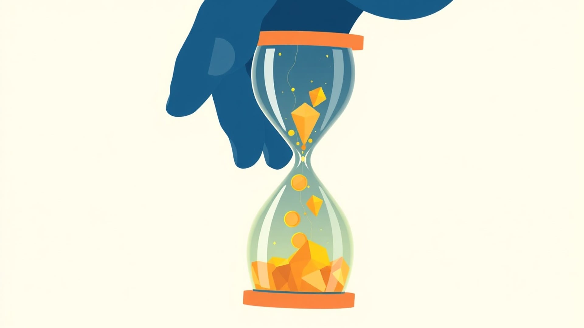 Illustration of a hand holding a large hourglass with glowing abstract geometric crystals flowing