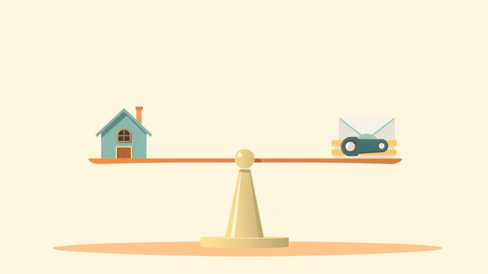 Illustration of a balance scale with a small house on one side and a stack of payment envelopes and a car key on the other