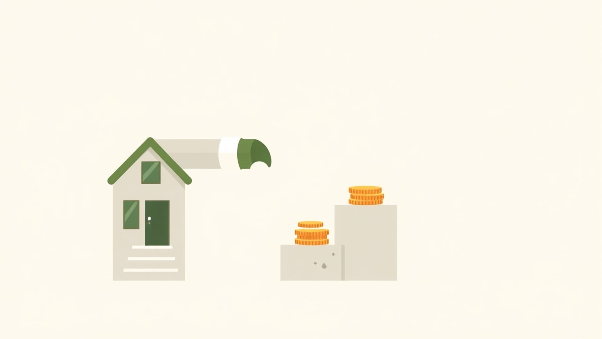 Illustration of a small company building with a pipe of coins flowing out to three stacked steps of different heights