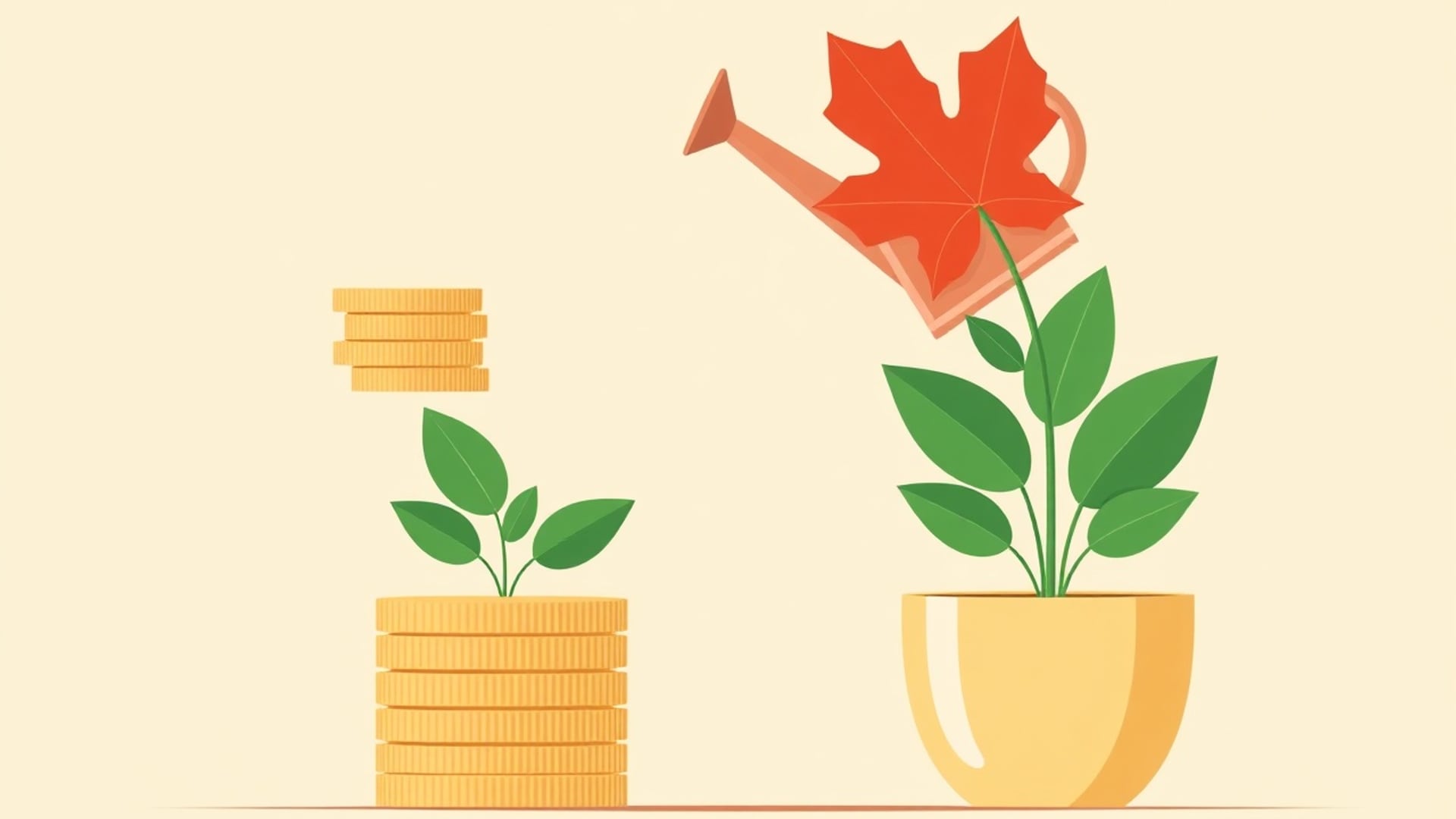 Illustration of two stacks of coins growing from small potted plants, one taller than the other