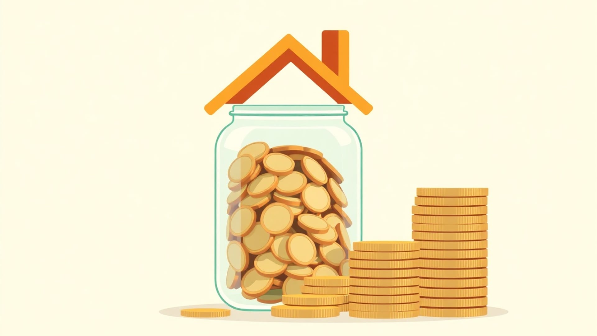 Illustration of a glass jar filled with coins shaped like a small house roof, beside a rising staircase of coin stacks