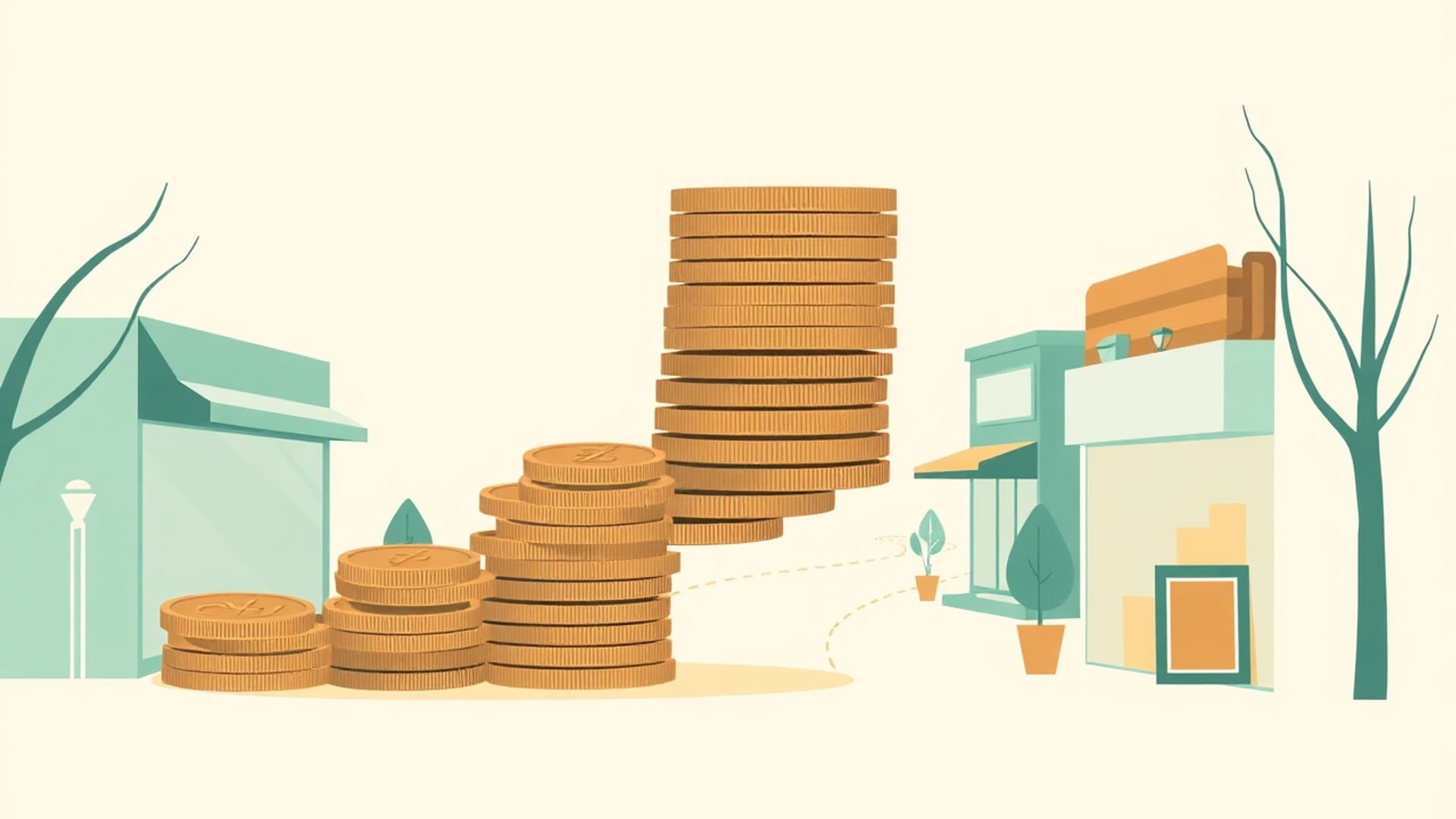 Illustration of a stack of old and new coins shrinking along a winding path through mid-century and modern storefronts