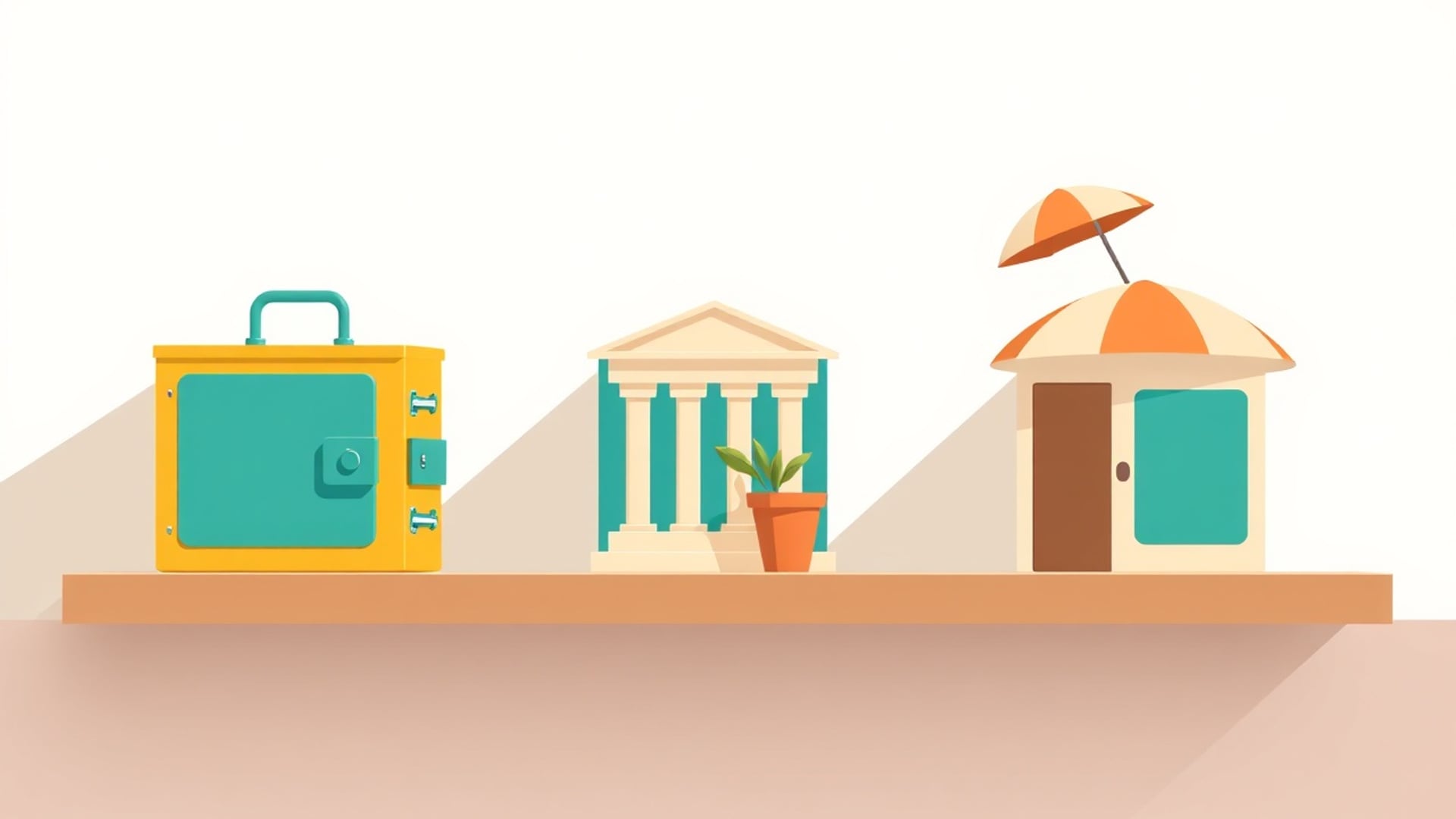 Illustration of a locked case, a small columned building and a hut under an umbrella on a shelf