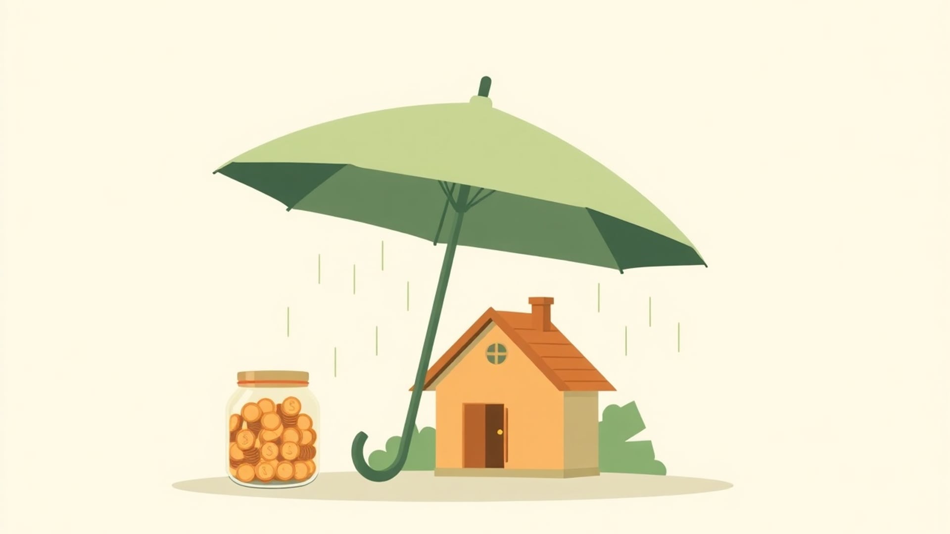 Illustration of a sturdy umbrella sheltering a small house and a jar of coins from rain