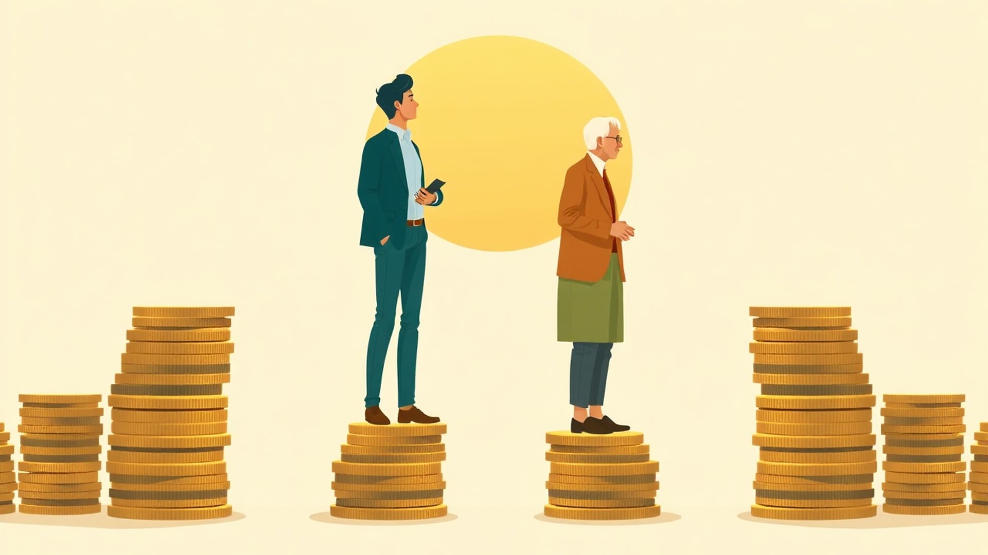 Illustration of a young Indian office worker and an older retiree on either end of a long bridge built from stacked coins