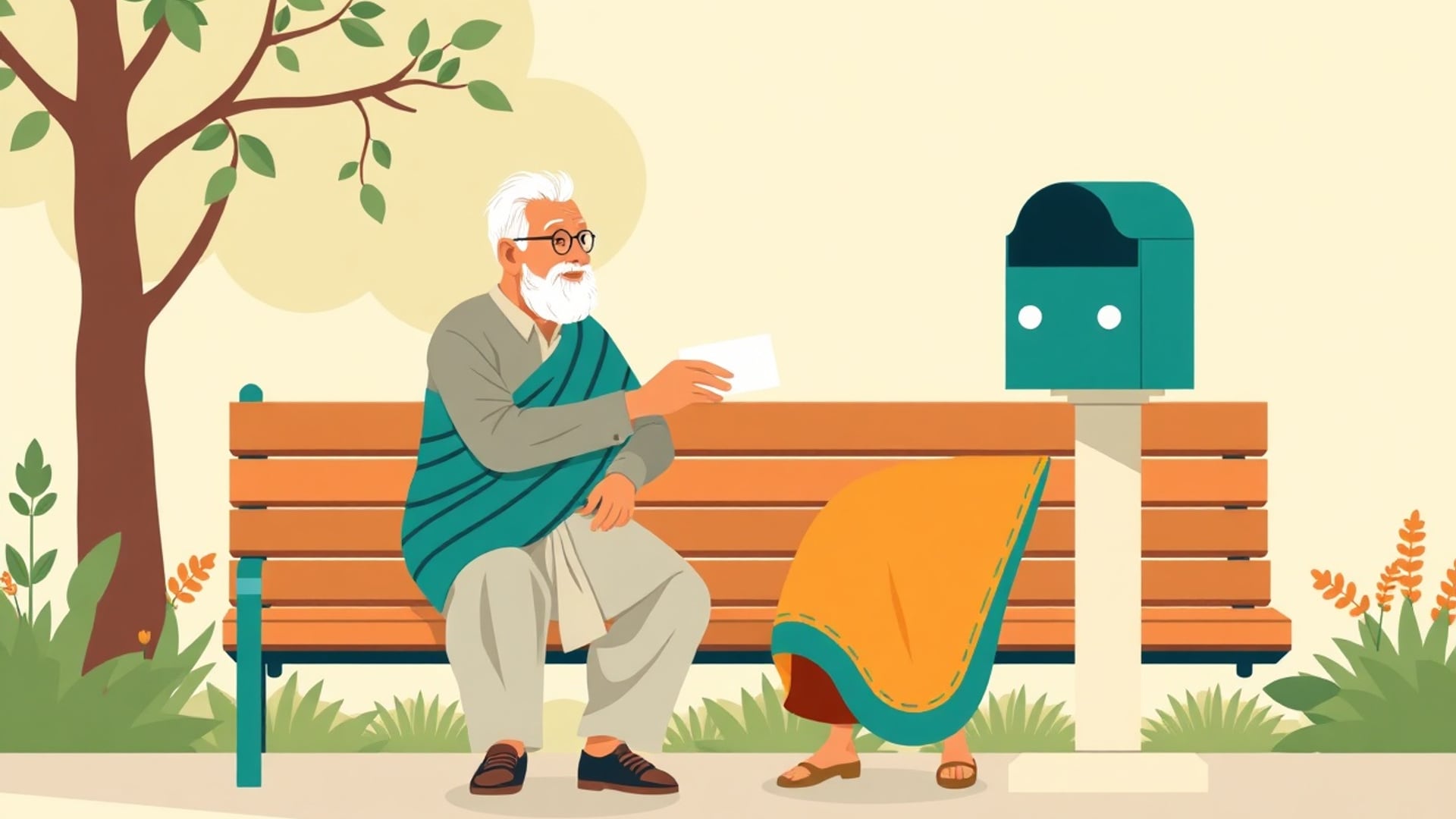 Illustration of an elderly Indian man on a park bench holding a letter beside a green postbox