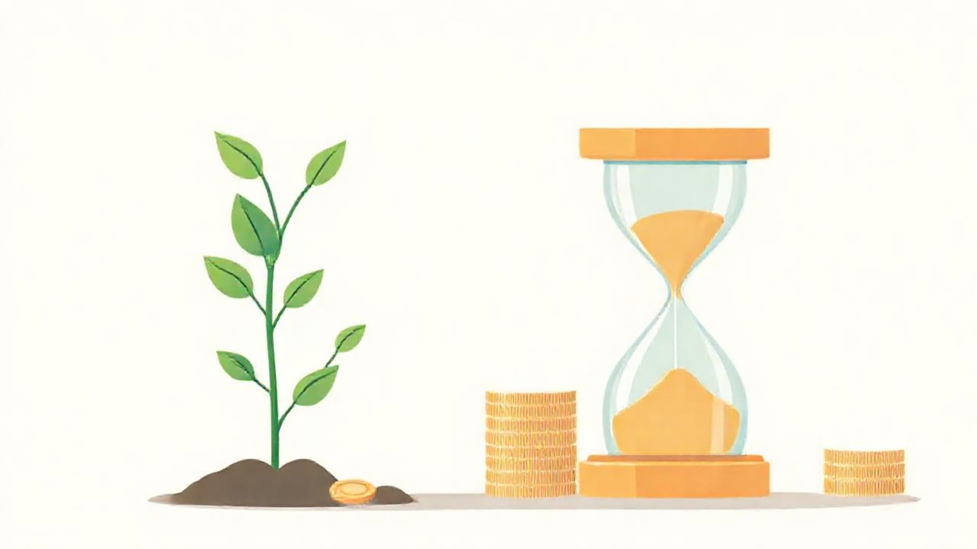Illustration of a young plant, stacks of coins and an hourglass