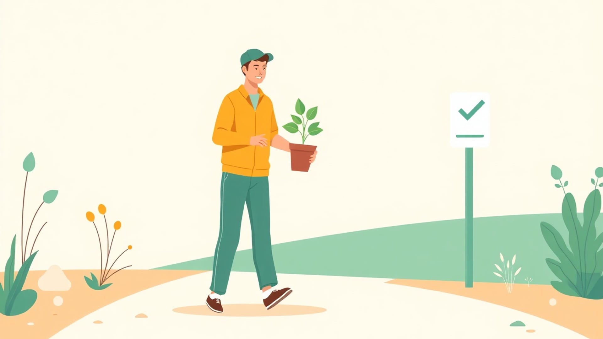 Illustration of an employee holding a potted seedling while walking a path with two gentle checkpoints
