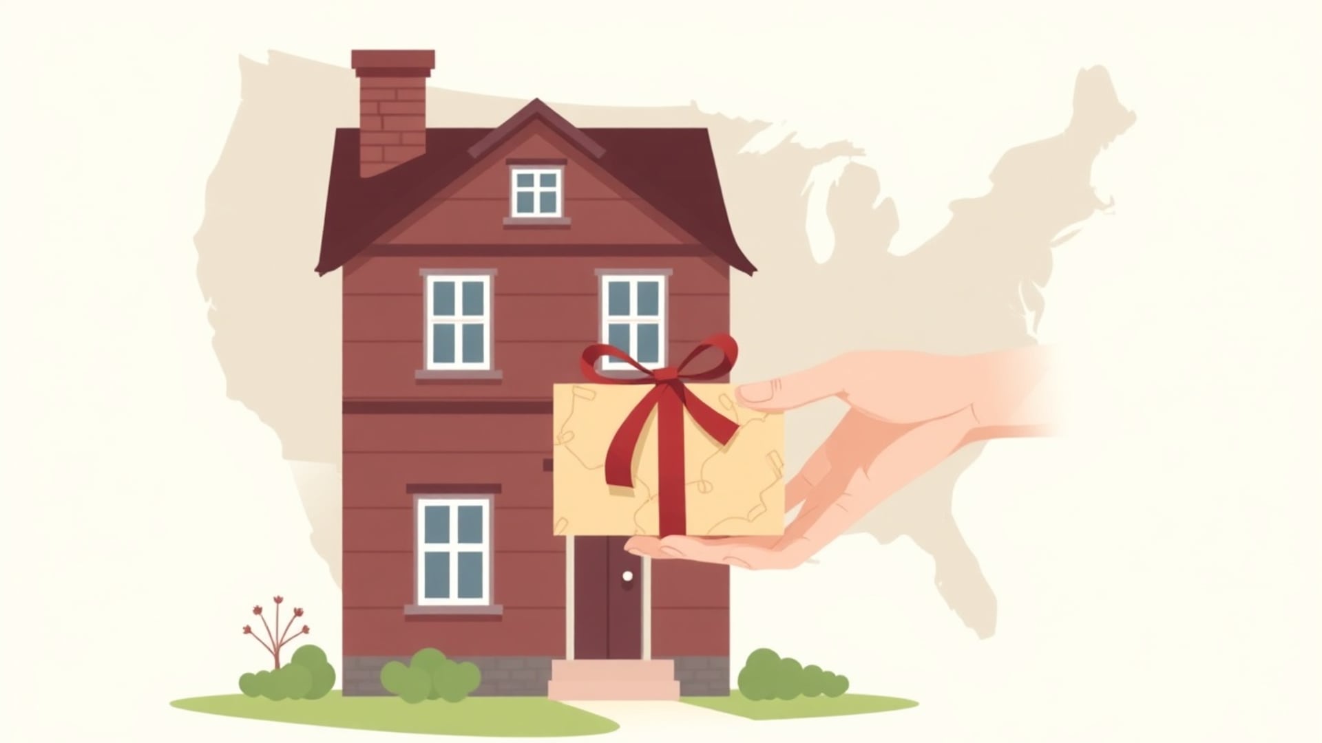 Illustration of an old family house with a ribbon-tied box passing from an older hand to a younger hand