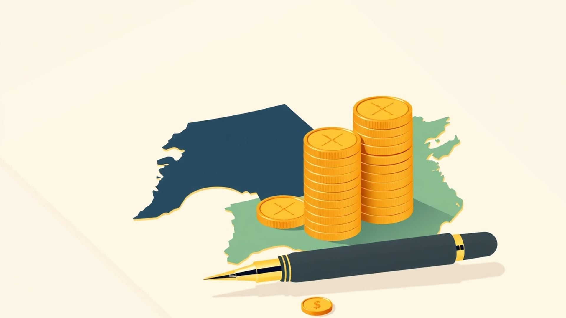 Illustration of two stacks of gold coins of different heights on a map of the United States, with a fountain pen