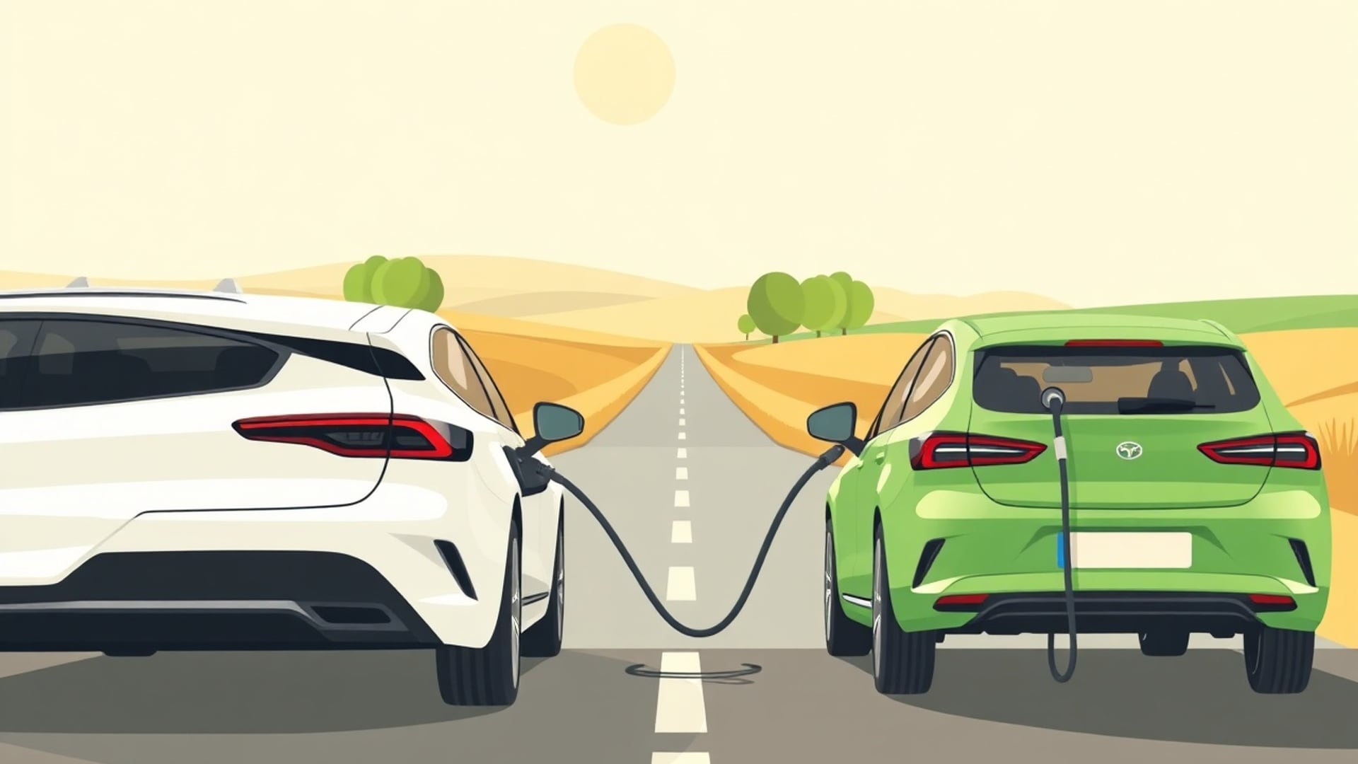 Illustration of an electric car and a gasoline car parked side by side at a fork in a sunny countryside road