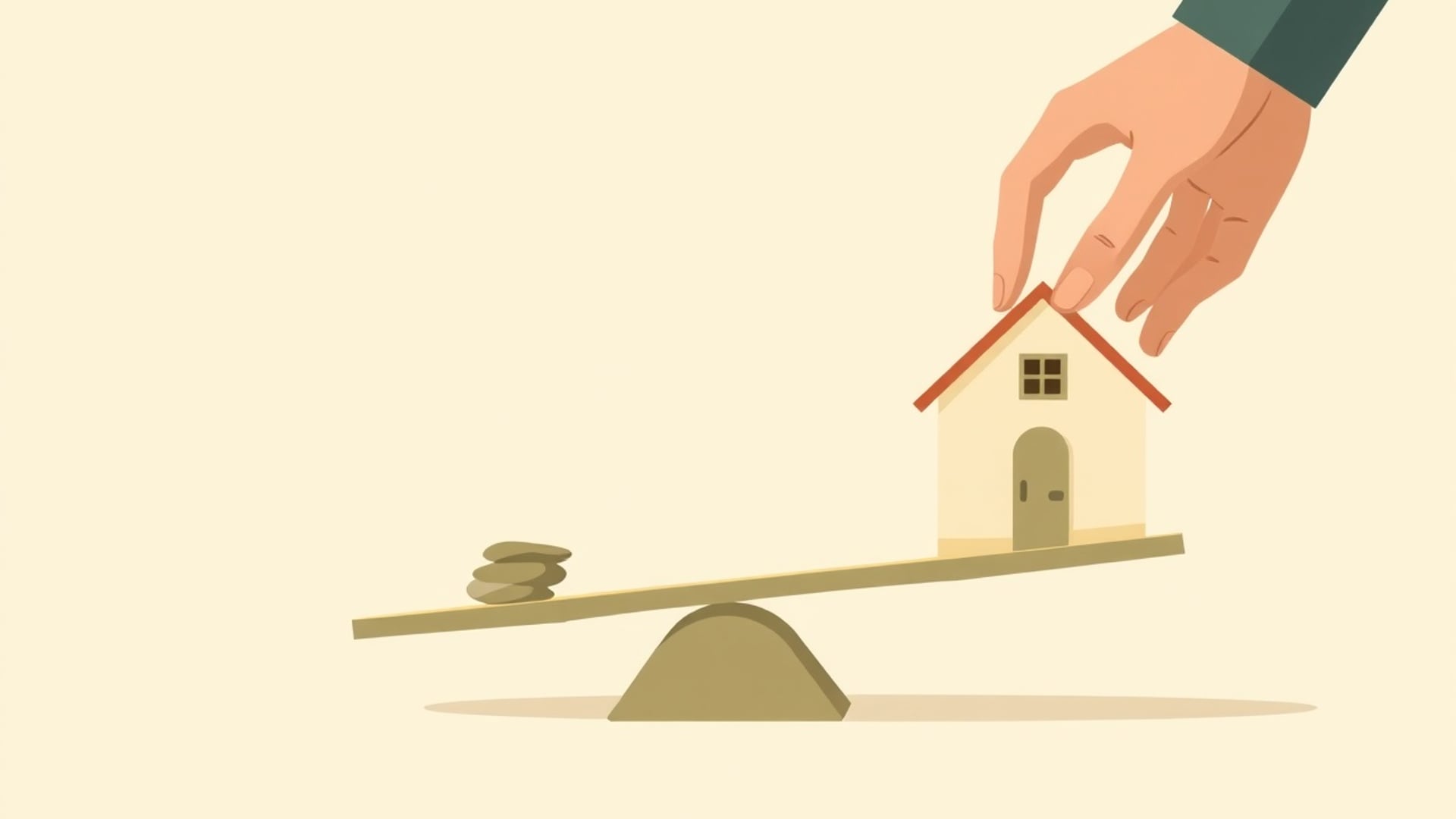 Illustration of a person adding small stones to one side of a balance scale shaped like a house