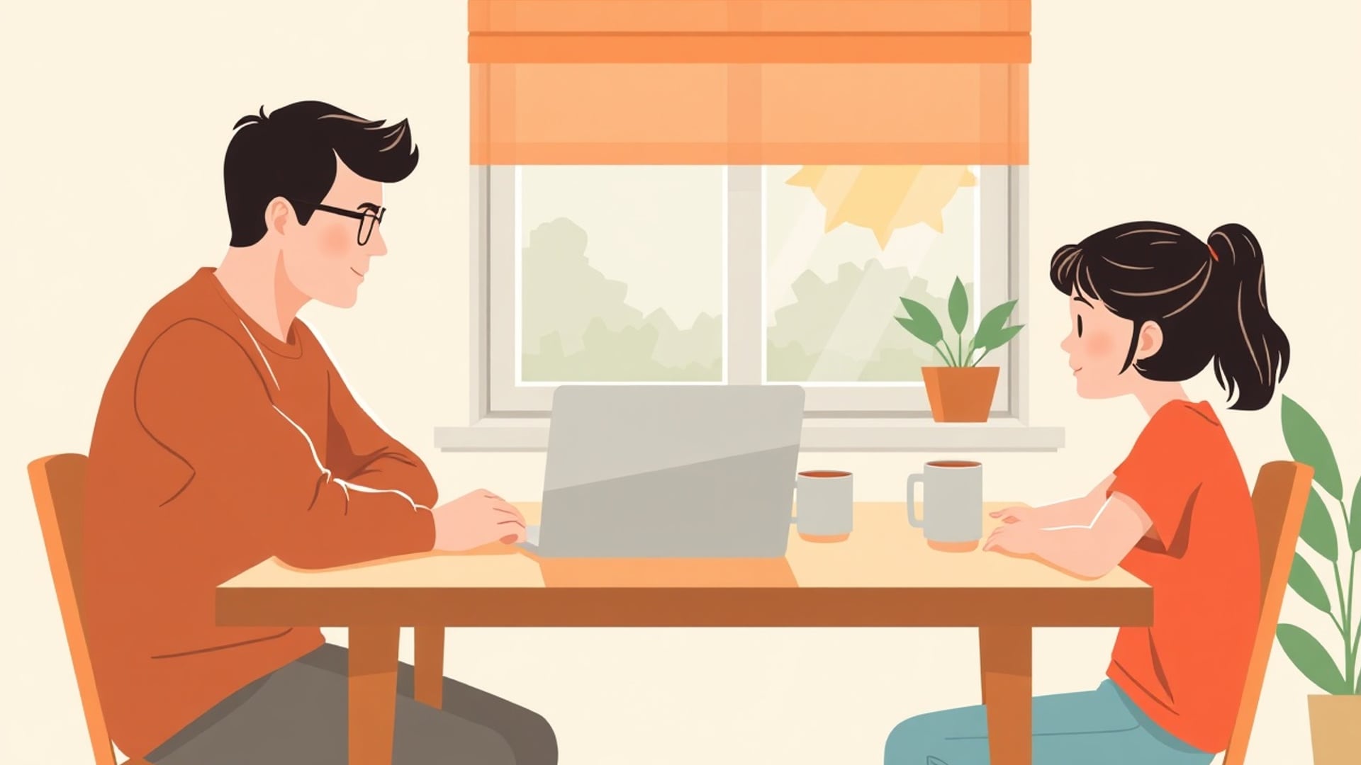 Illustration of a parent and teenager talking at a kitchen table with a laptop and two mugs