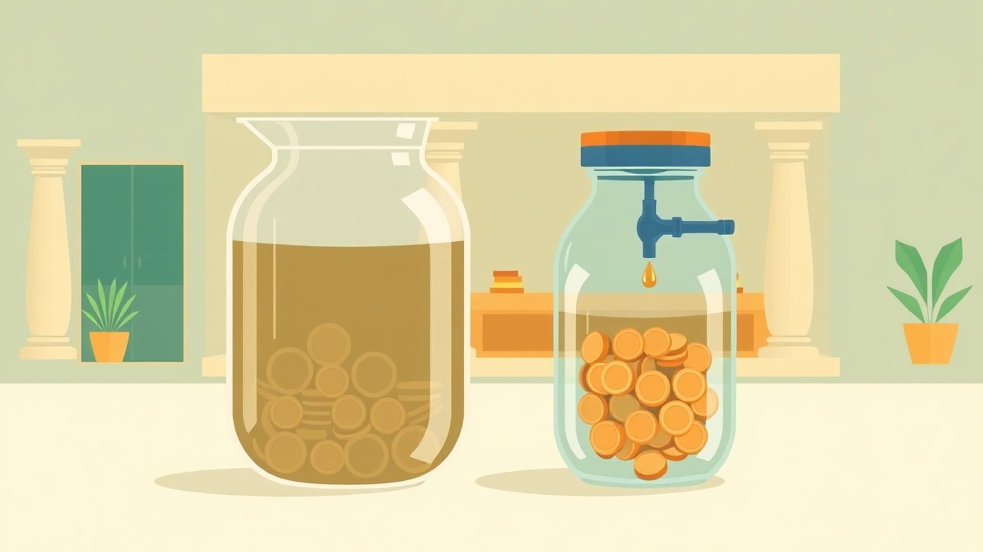 Illustration of two glass jars of coins side by side, one filled drop by drop from a tap