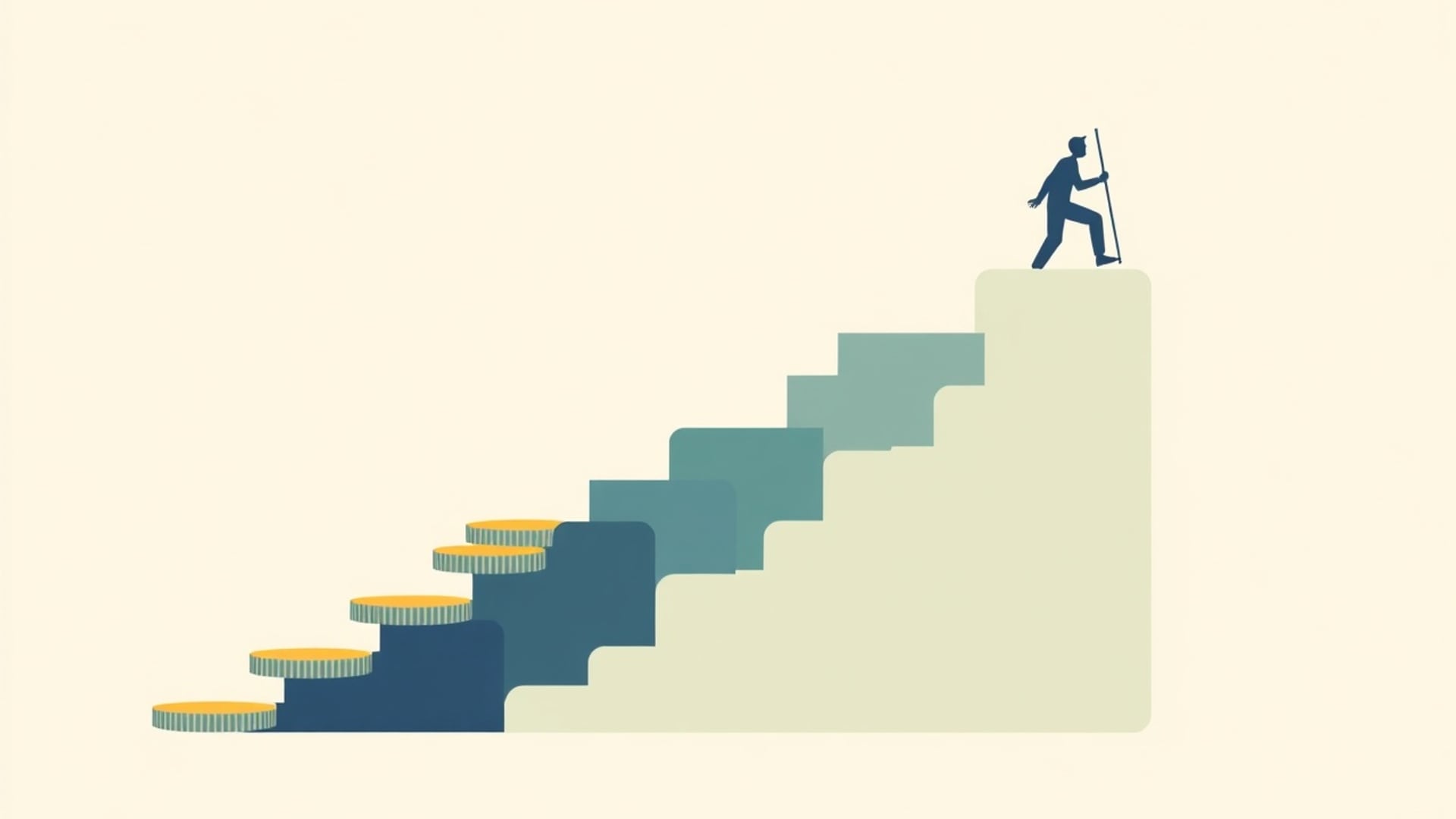 Illustration of a staircase of stacked coins rising from left to right, each step a slightly deeper shade