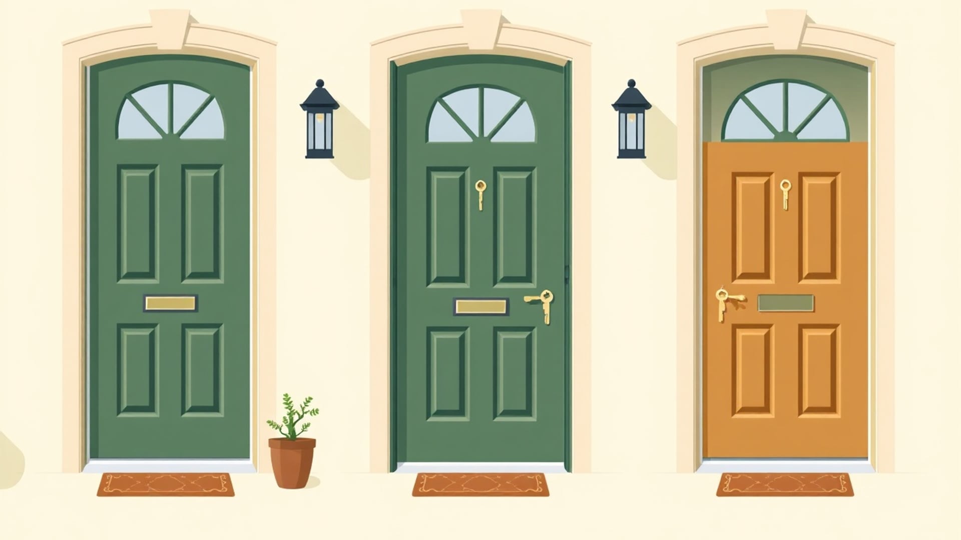 Illustration of three different front doors side by side on the same house facade, each with a different doormat and key
