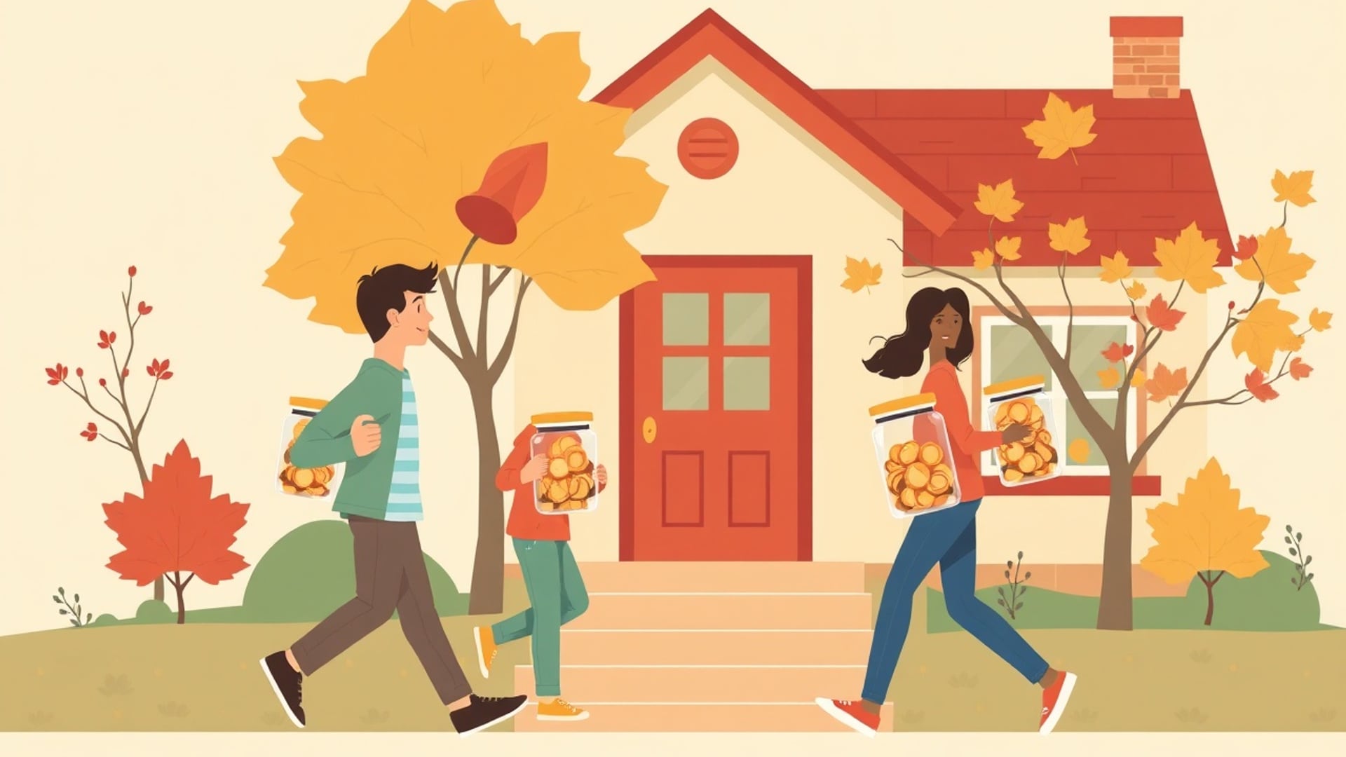 Illustration of three people carrying glass jars of coins toward a small house with a red door