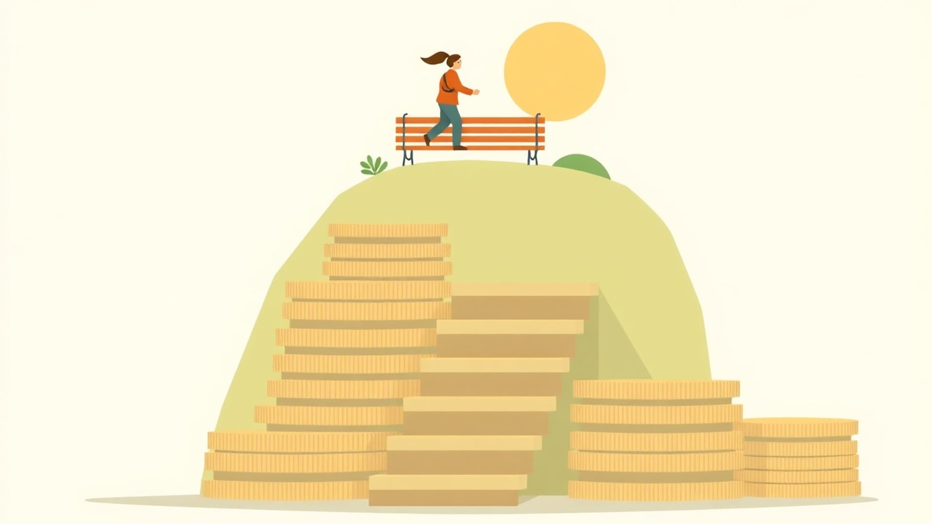 Illustration of a staircase of stacked coins leading up to a sunny hilltop bench, a figure climbing two steps at a time