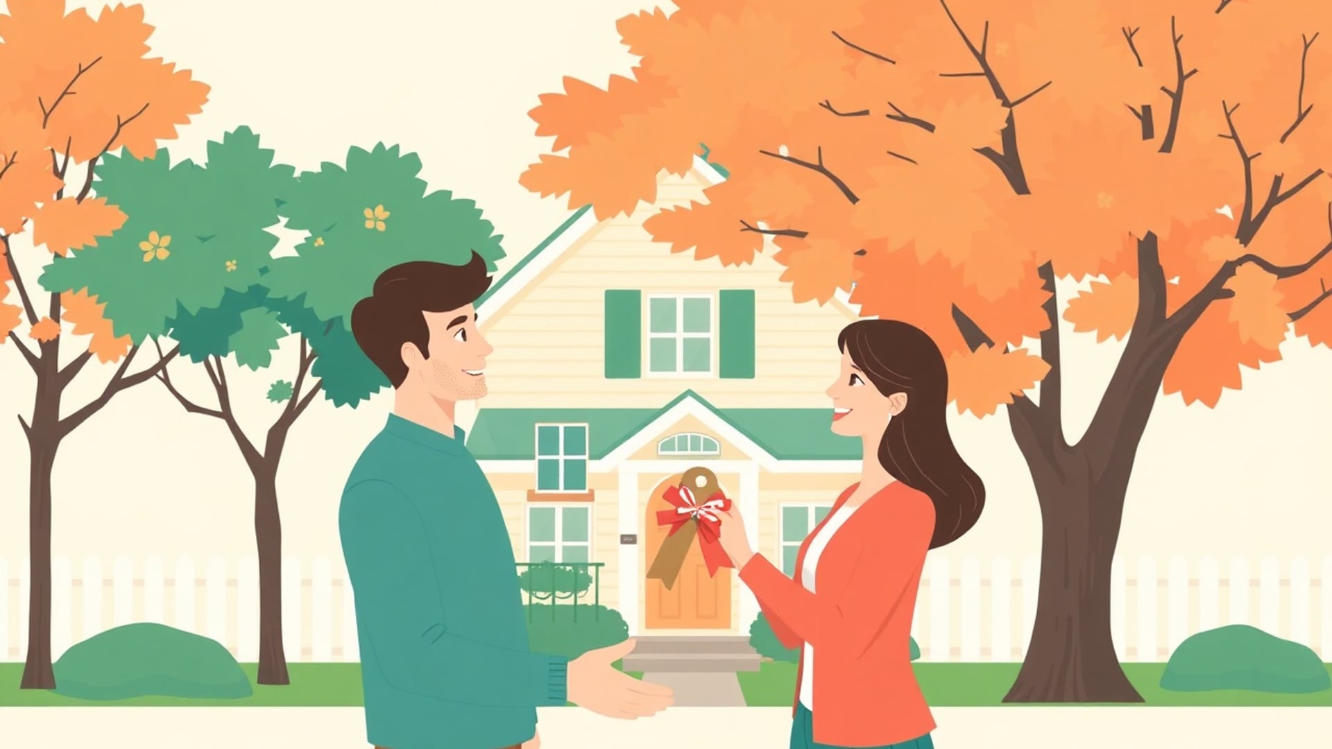 Illustration of a young couple receiving a house key with a small gift ribbon tied to it