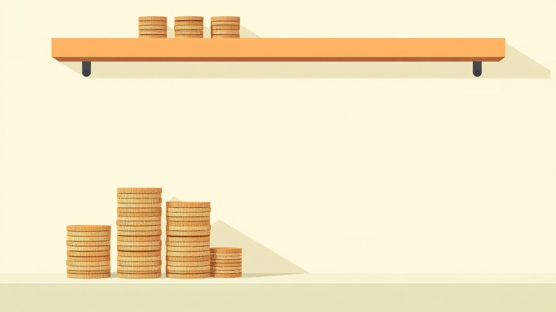 Illustration of a perfectly level shelf holding identical coin stacks beside a staircase of uneven stacks