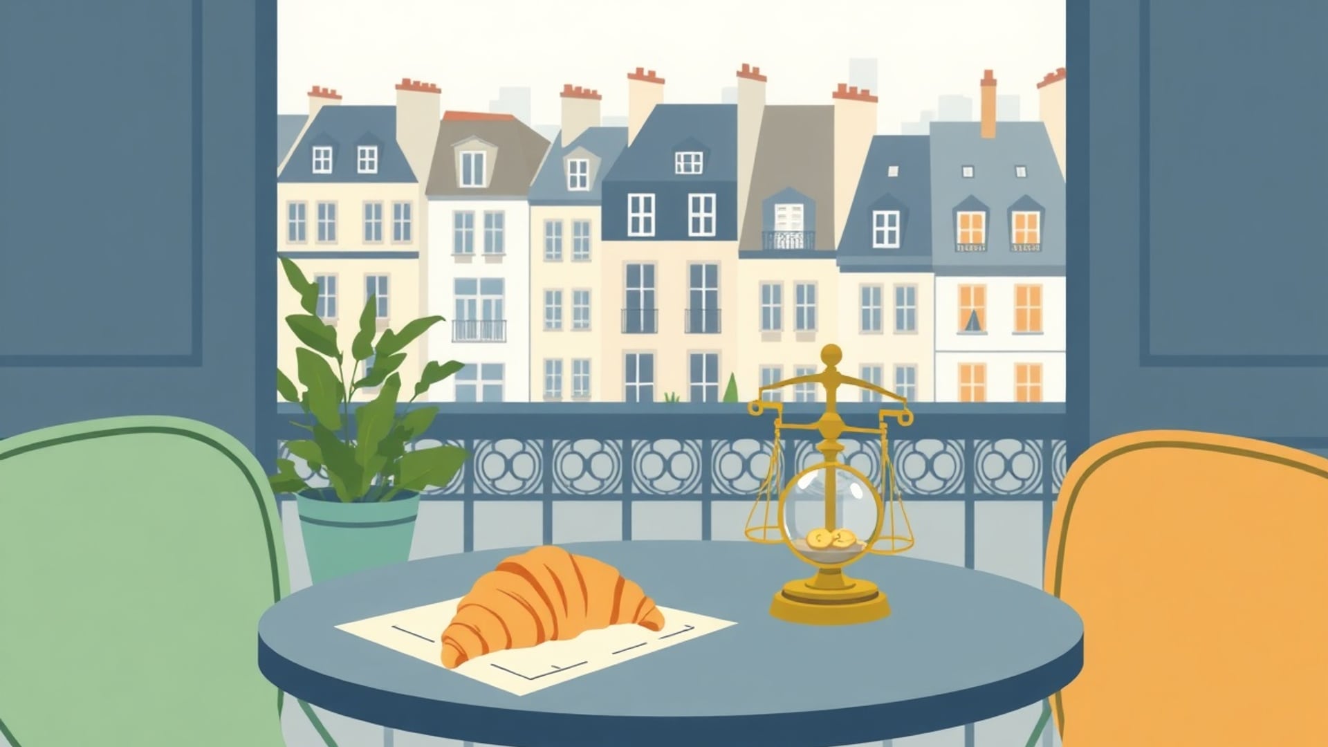 Illustration of a French café table with a payslip-shaped paper, a croissant and a small set of brass scales weighing coins