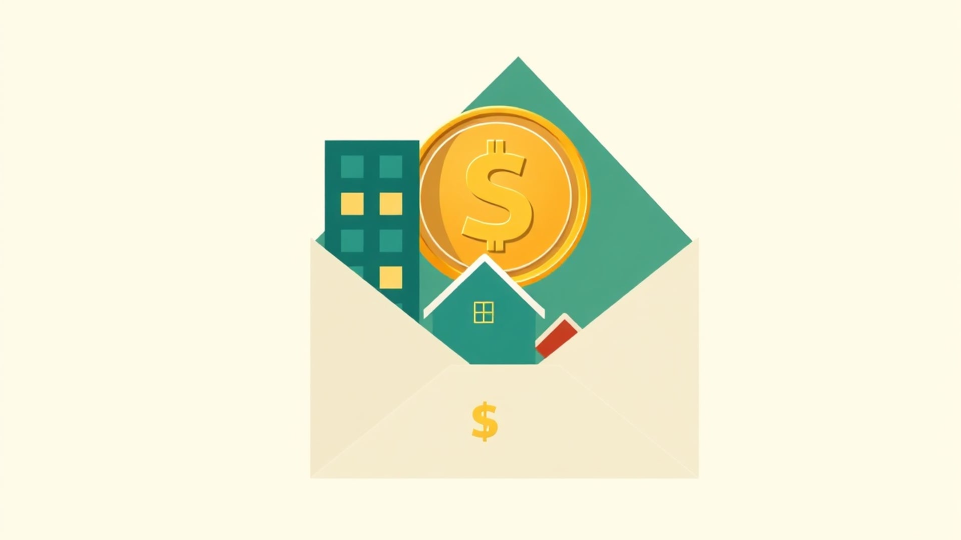 Illustration of a coin passing from a stylised office building to a small home through an open envelope