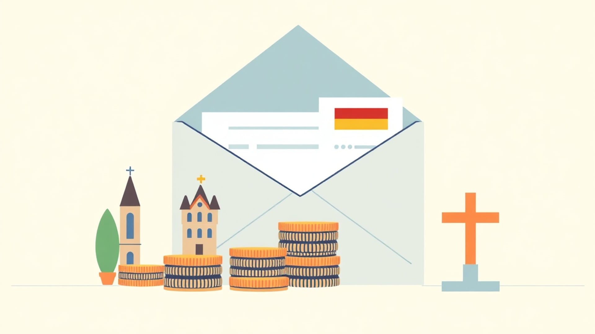 Illustration of a German payslip envelope opening on a desk, a stack of coins splitting into smaller piles