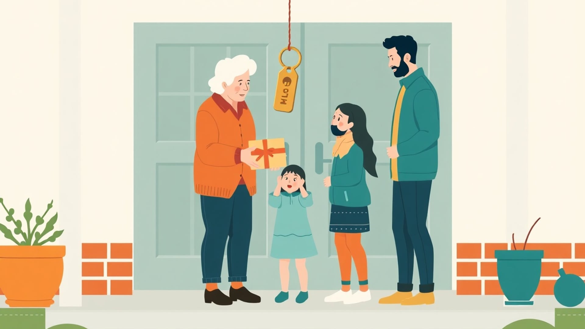 Illustration of an older couple handing a small wrapped parcel to a young family on a front porch