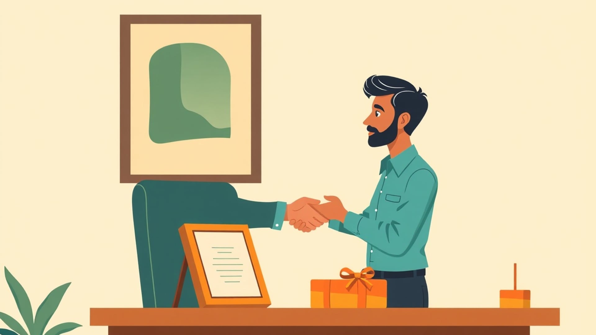 Illustration of an Indian office worker shaking hands at a farewell