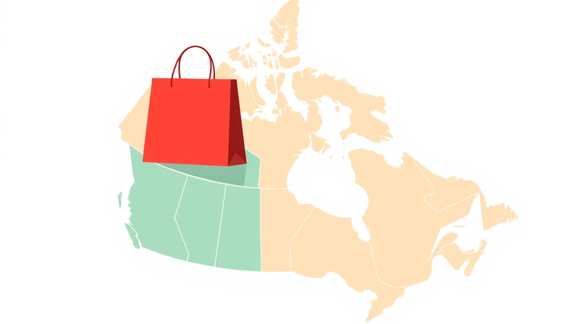 Illustration of a red shopping bag on a map of Canada with the western provinces shaded green