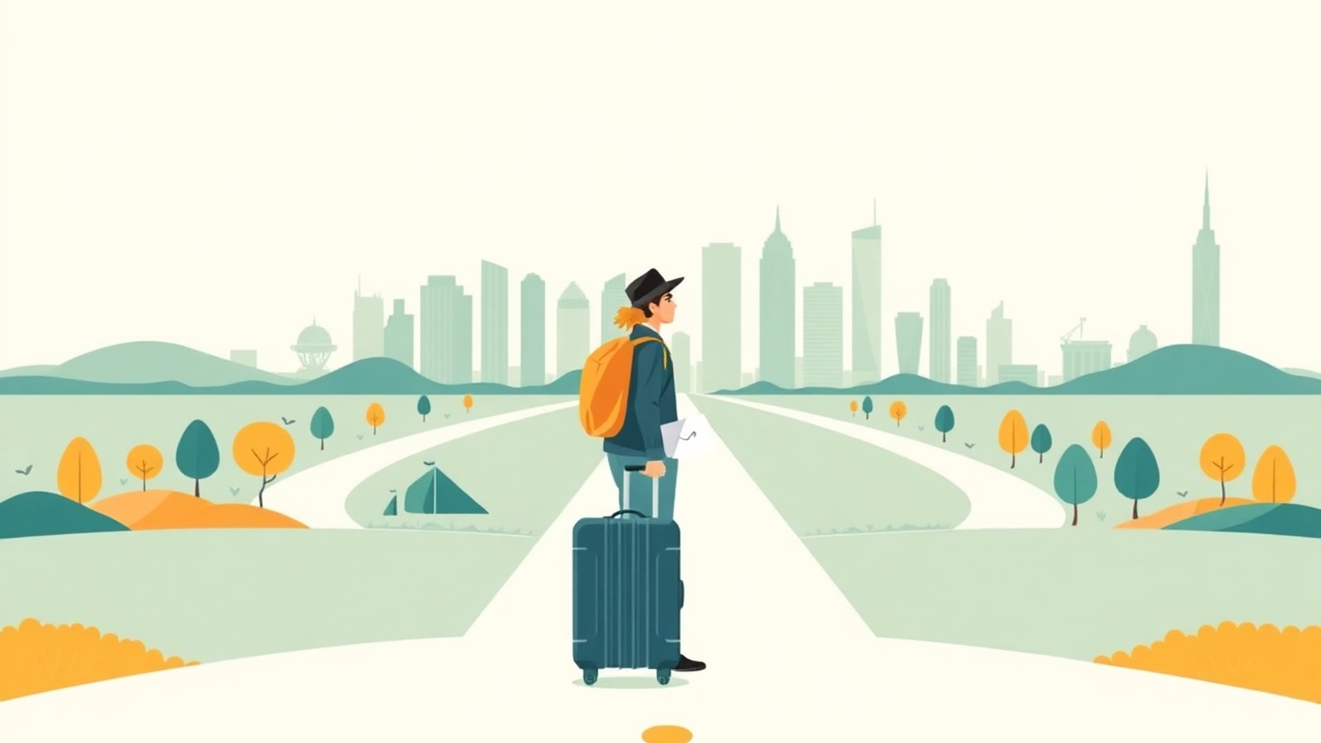 Illustration of a traveler with a suitcase standing at a crossroads of paths leading to different city skylines