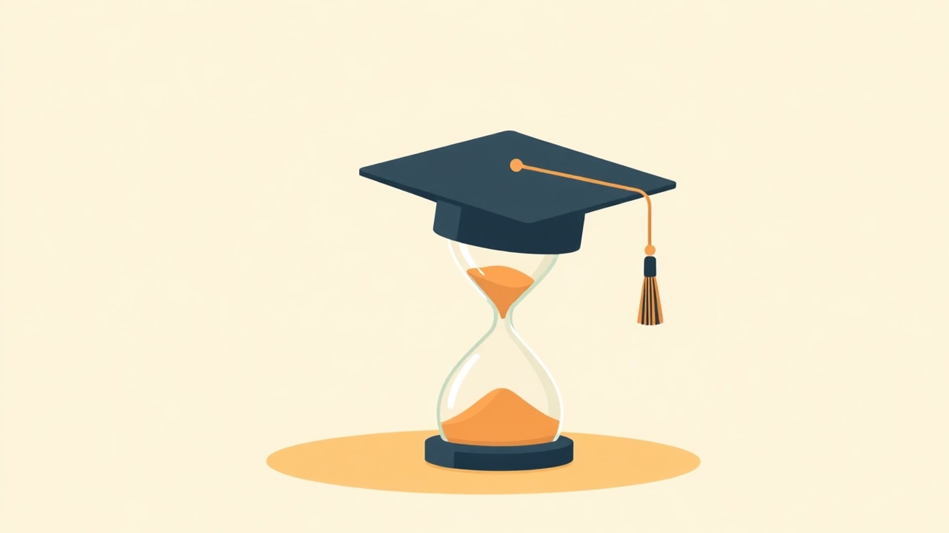 Illustration of a graduation cap resting on a slowly emptying hourglass, a winding path leading to an open horizon