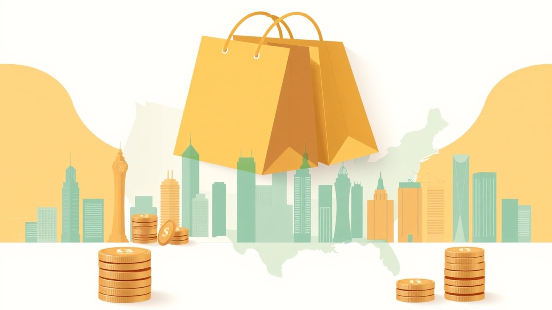 Illustration of shopping bags above a row of city skylines with stacks of coins