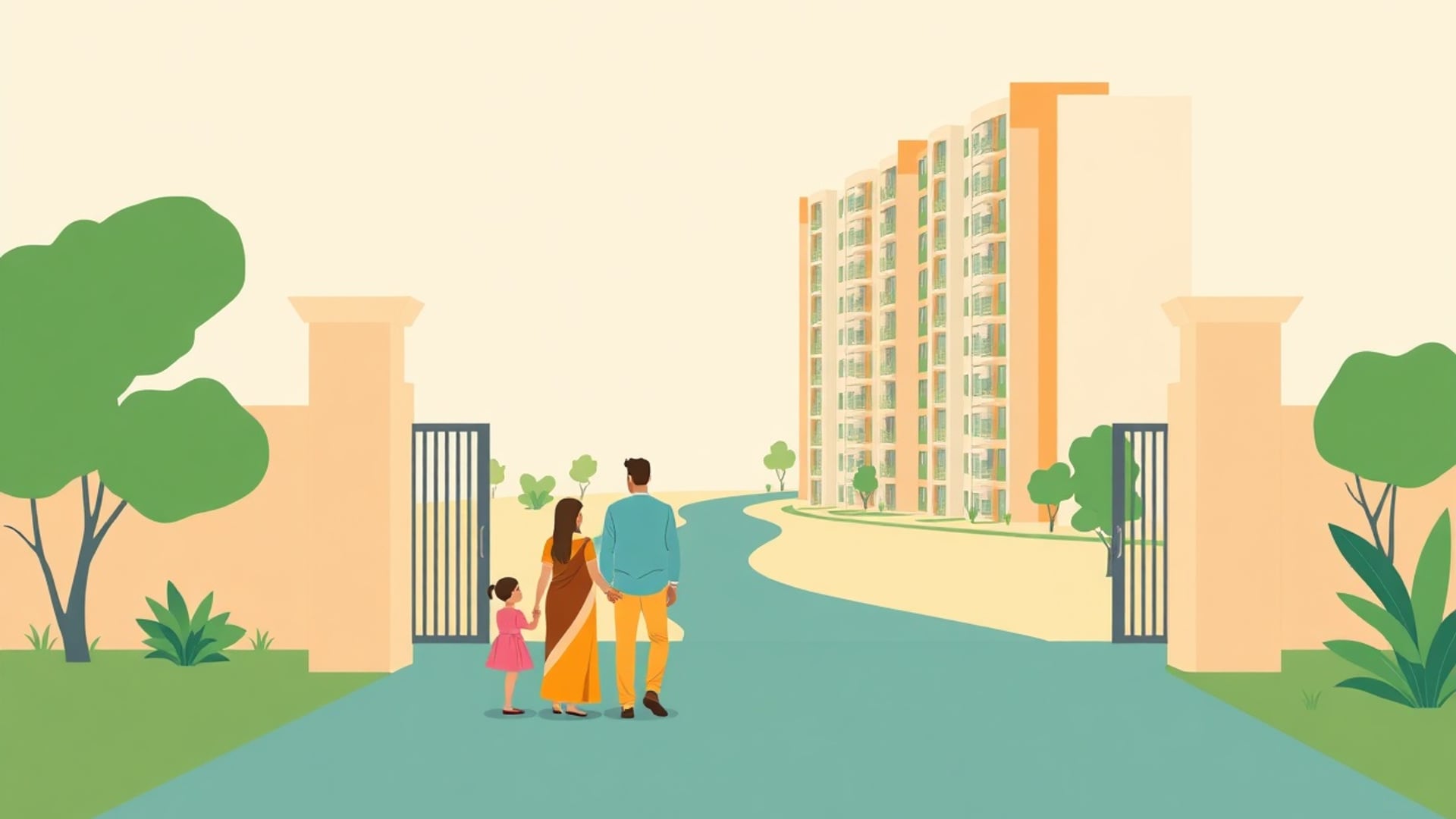 Illustration of a family standing at the gate of a new apartment block with a long winding path behind them