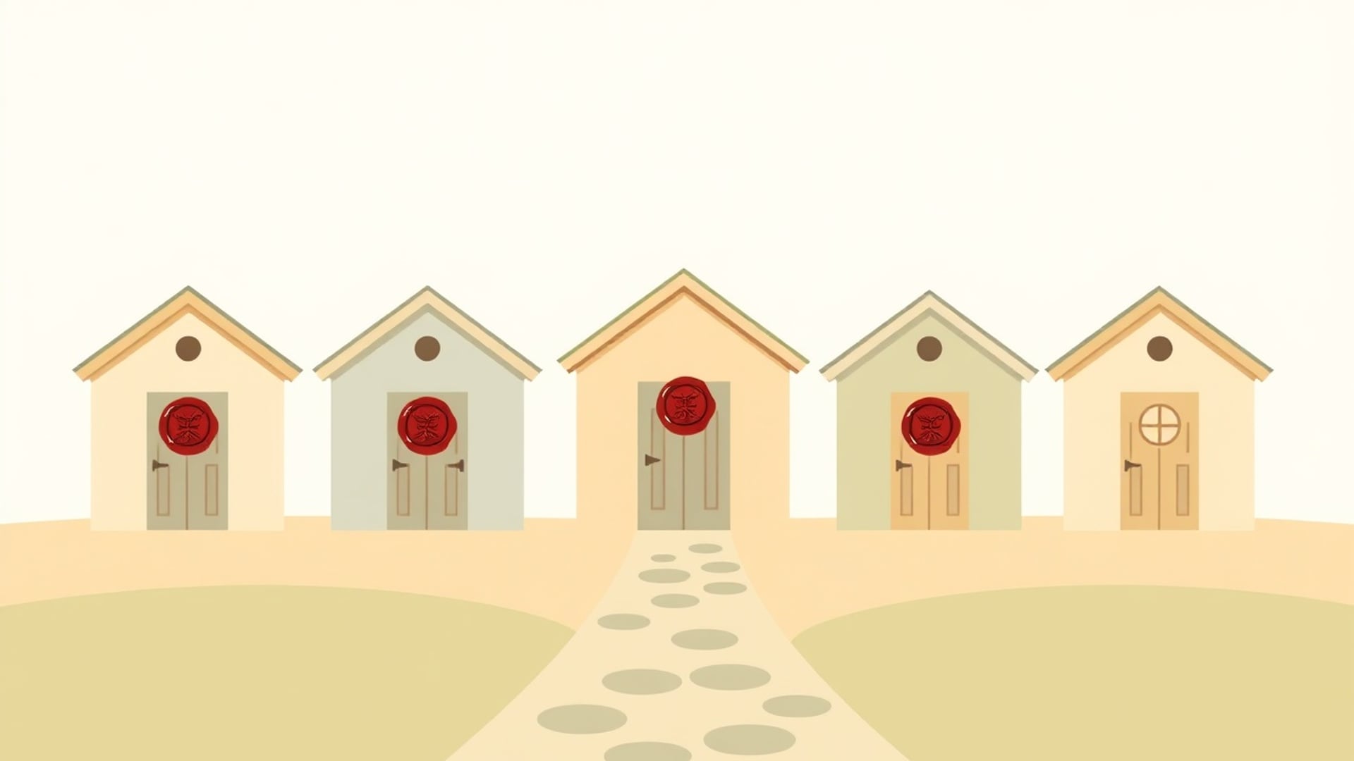 Illustration of five small houses in a row, most with a red wax seal on the door, along a stepping-stone path