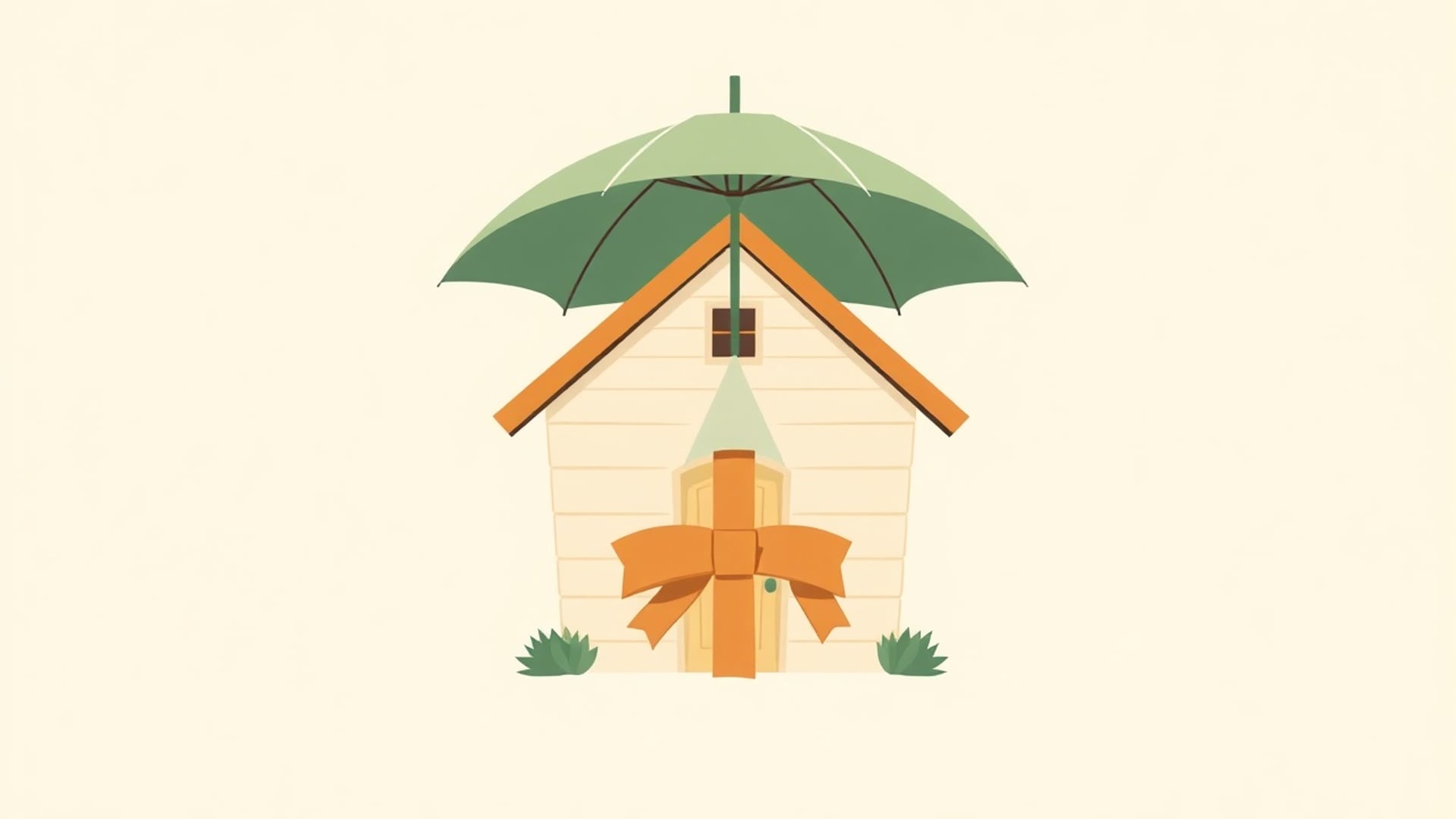 Illustration of a cosy house wrapped in a protective umbrella with a gentle upward arrow held back by a ribbon