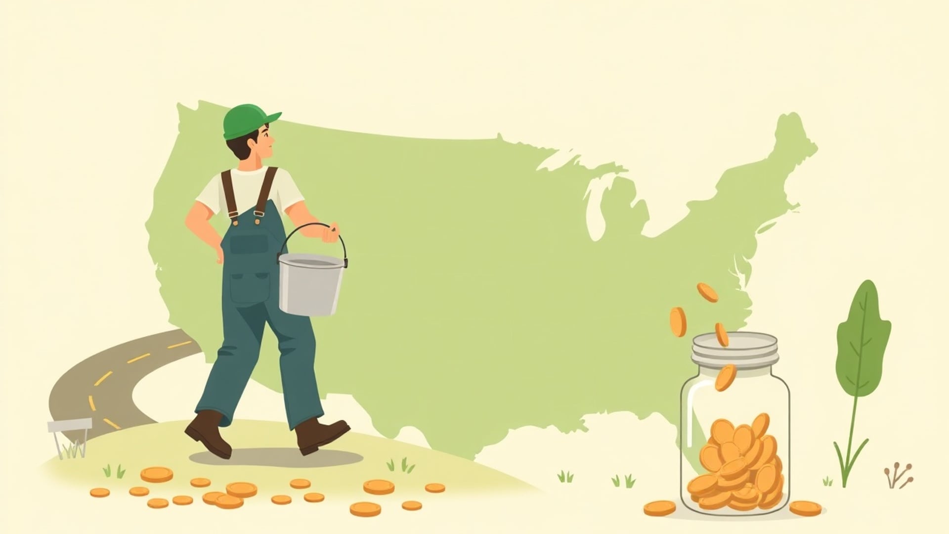 Illustration of a worker in overalls carrying a lunch pail along a winding road across a stylised map of the United States