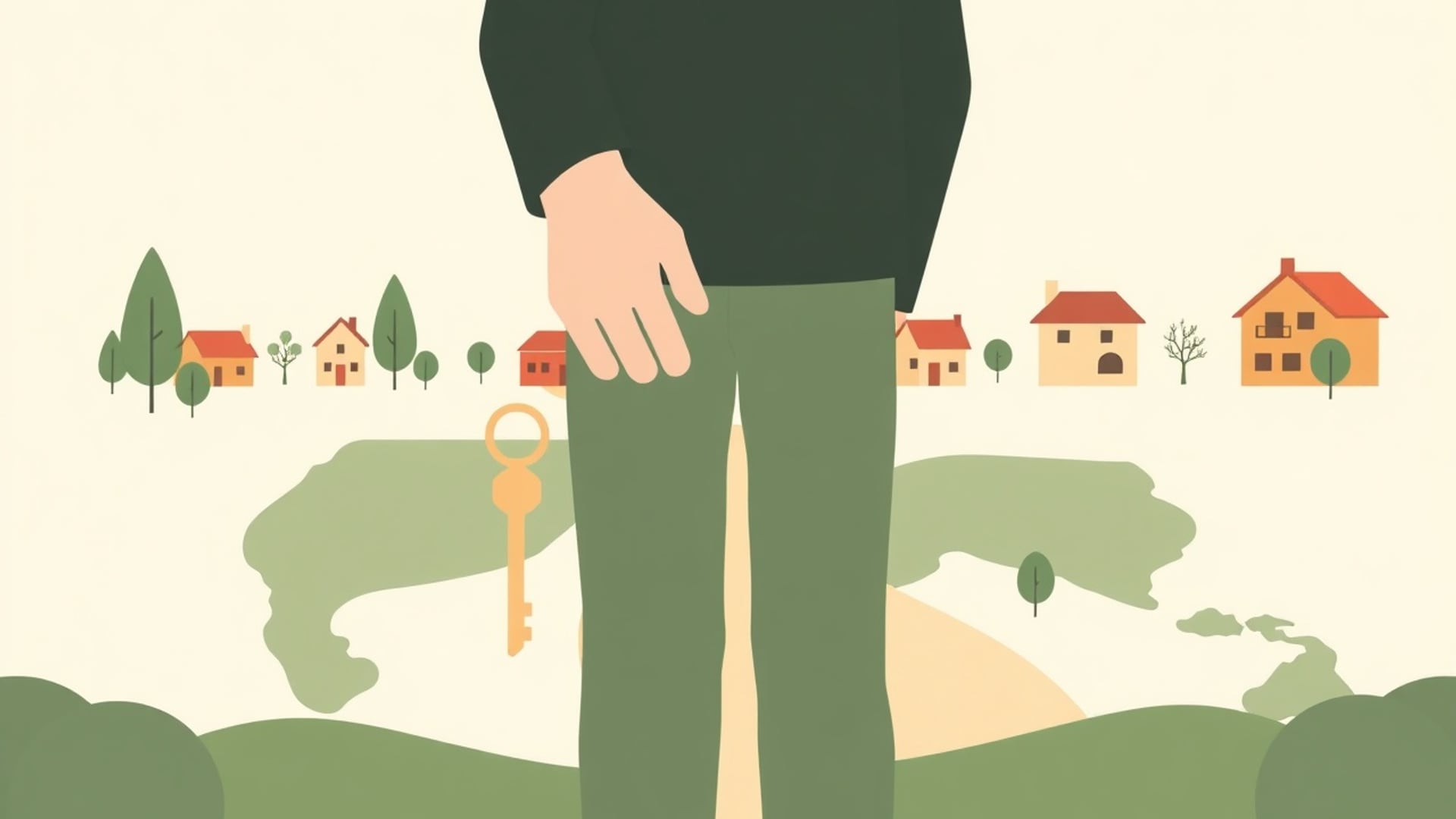 Illustration of a person holding a key and standing before a path that branches toward houses of different sizes